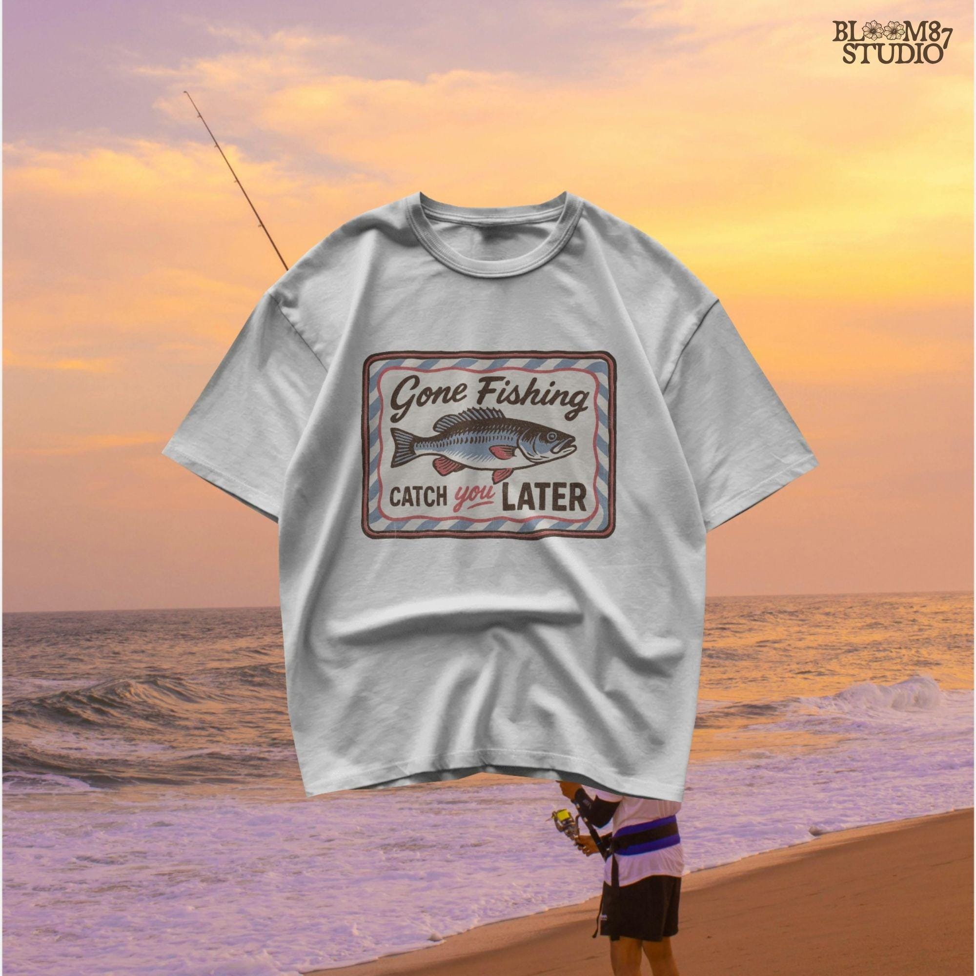 Vintage-style “Gone Fishing Catch You Later” sign with a bold blue and red fish illustration and striped border, ideal for fishing lovers.