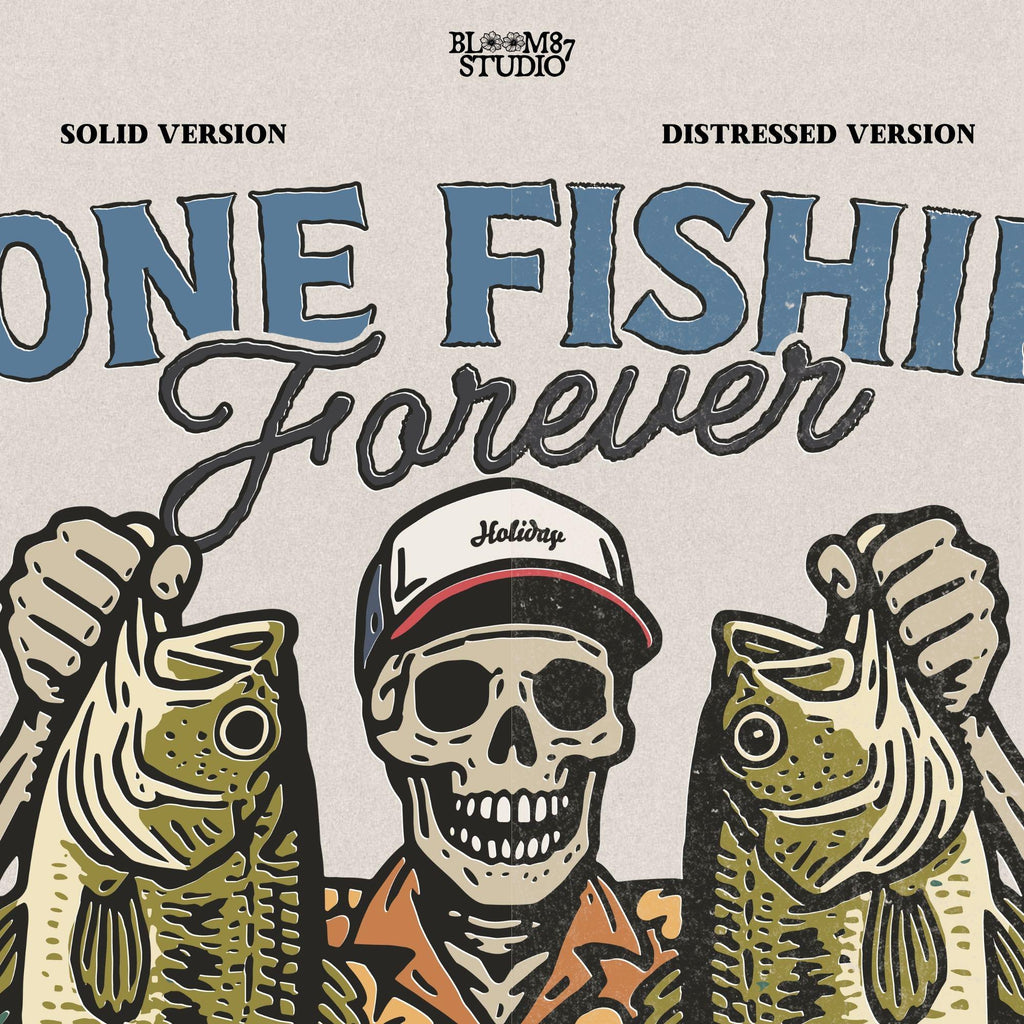 A skeleton wearing a red cap and orange floral shirt stands on a dock holding two large bass fish with the words “Gone Fishin’ Forever” above.