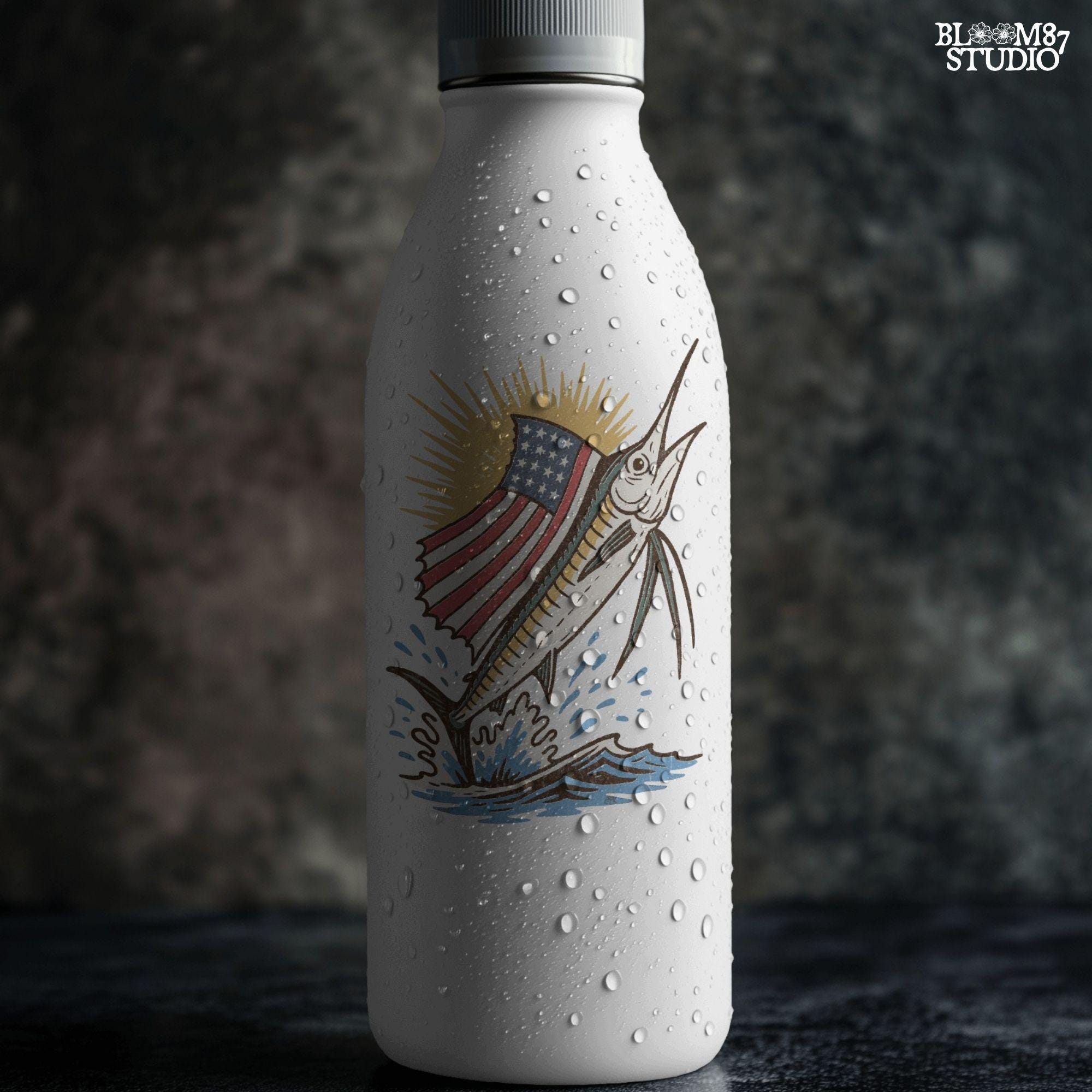 A jumping marlin with a large sail shaped like the American flag, splashing out of the ocean with sun rays in the background.