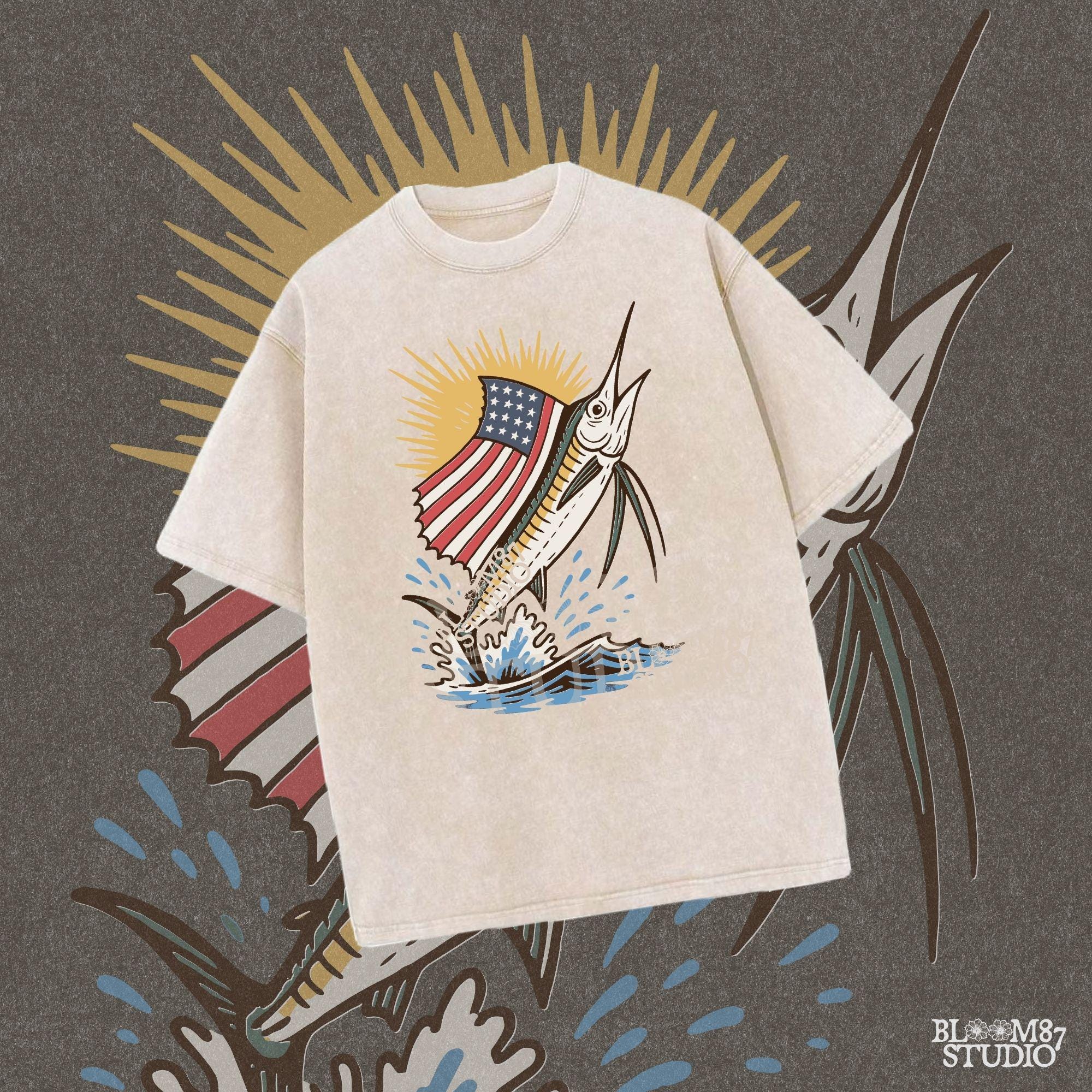 A jumping marlin with a large sail shaped like the American flag, splashing out of the ocean with sun rays in the background.