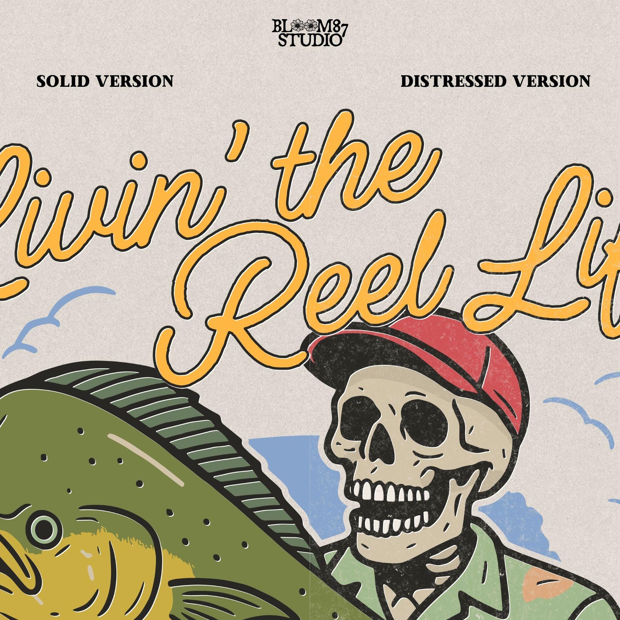 Cartoon skeleton in tropical shirt holding a mahi-mahi fish with text “Livin’ the Reel Life” above and “Hooked & Happy Co.” below.