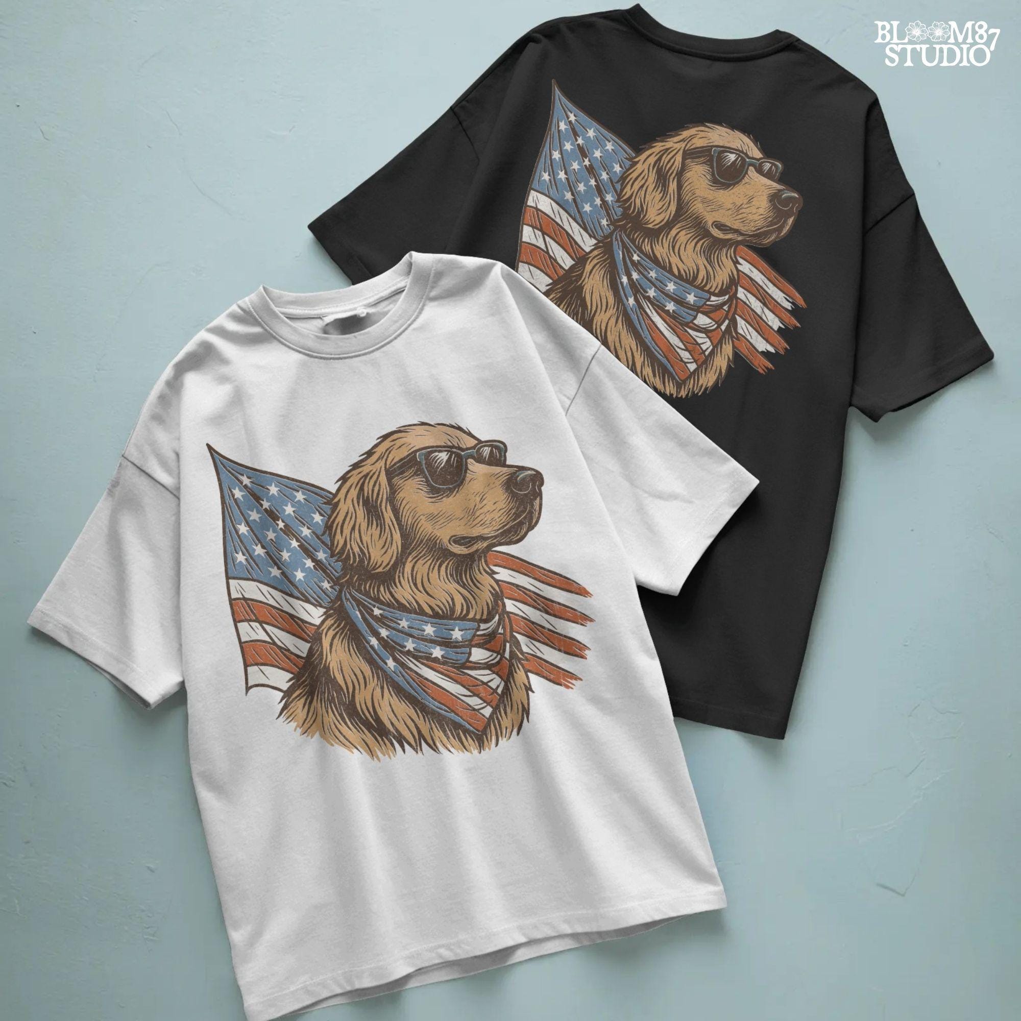 Golden retriever wearing sunglasses and American flag bandana with patriotic cape flowing behind in red, white, and blue design.