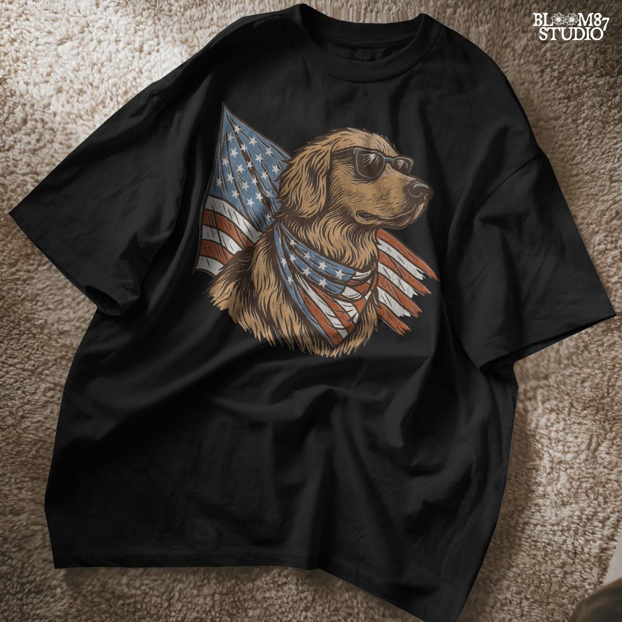 Golden retriever wearing sunglasses and American flag bandana with patriotic cape flowing behind in red, white, and blue design.