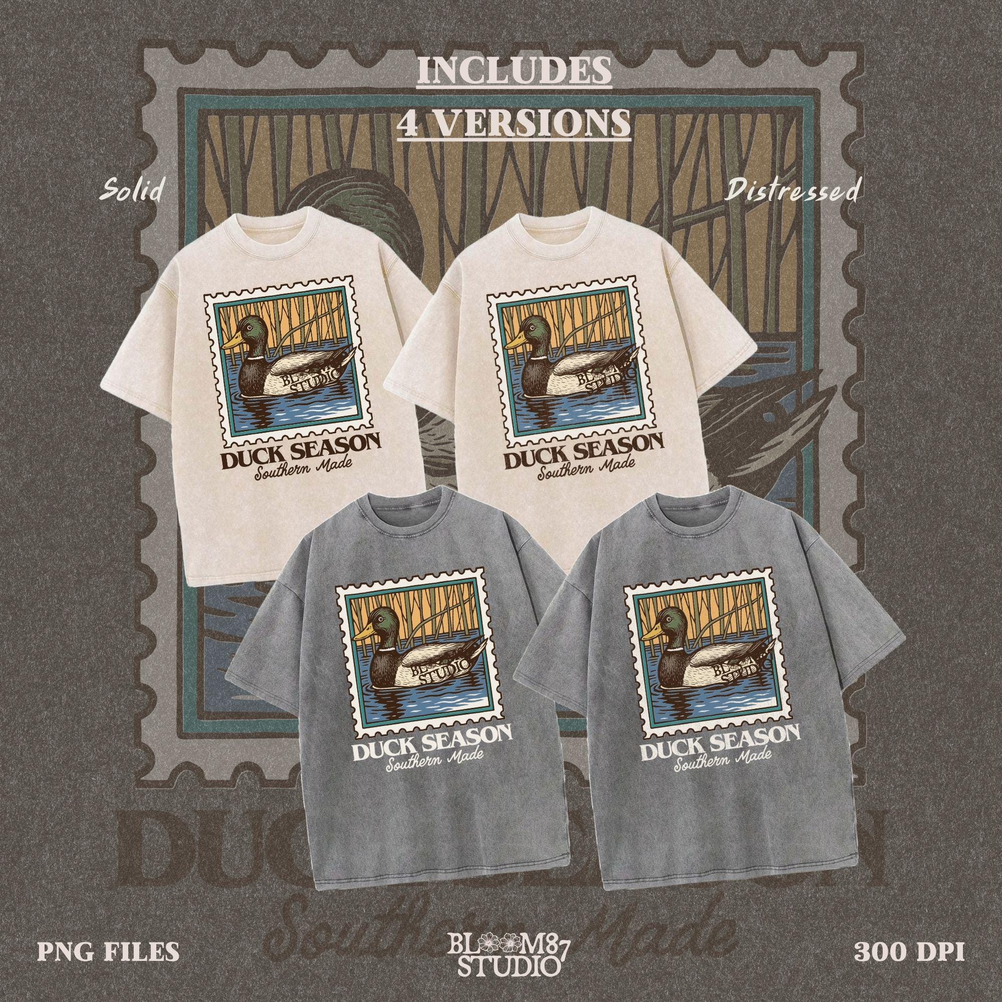 Vintage stamp-style mallard duck floating in water with forest background and text “Duck Season – Southern Made” in retro serif font.