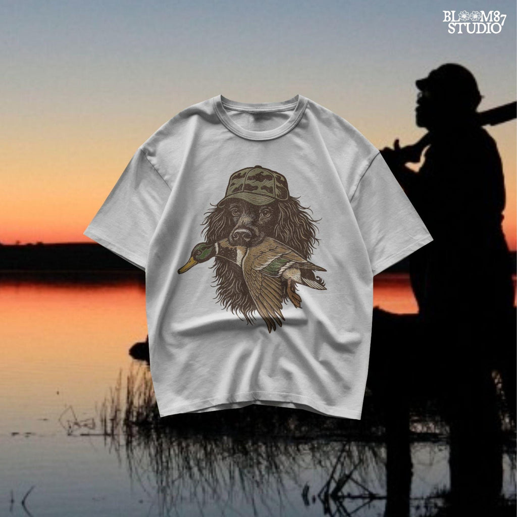 Realistic retriever dog wearing a camo hat and holding a mallard duck in its mouth, detailed illustration in earthy tones.