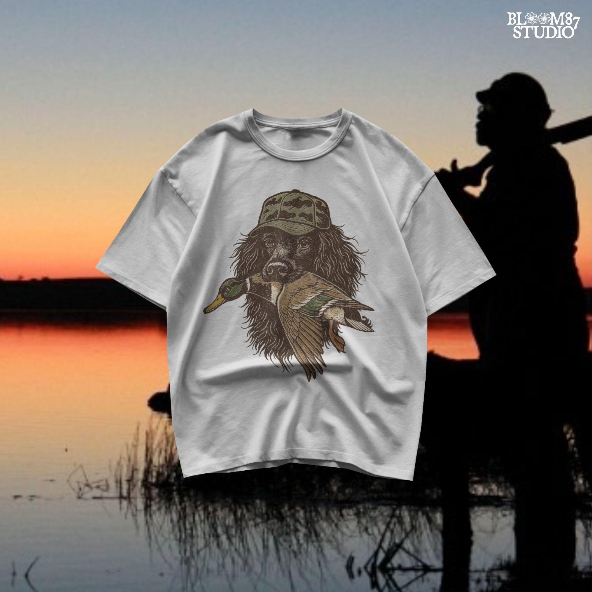 Realistic retriever dog wearing a camo hat and holding a mallard duck in its mouth, detailed illustration in earthy tones.