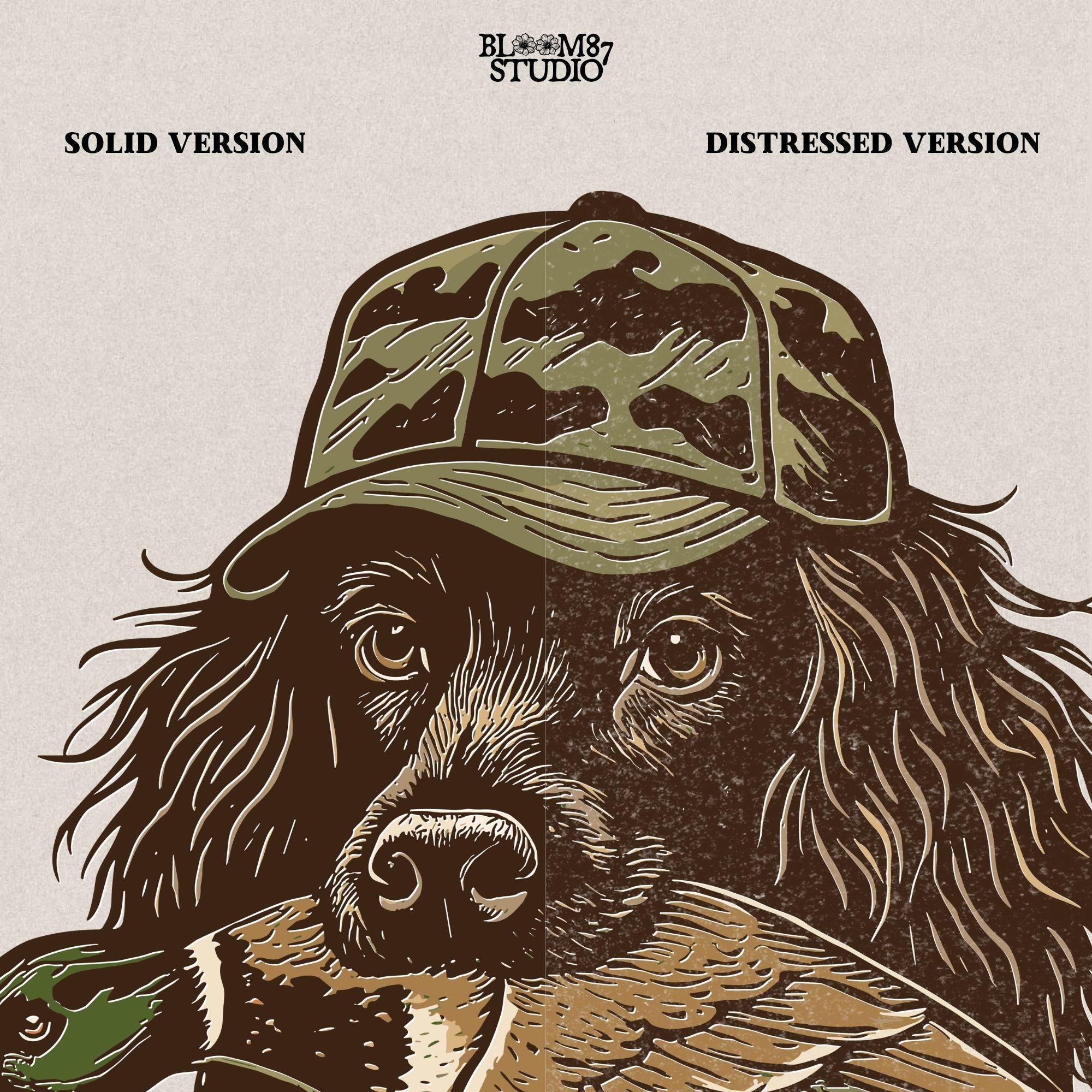 Realistic retriever dog wearing a camo hat and holding a mallard duck in its mouth, detailed illustration in earthy tones.