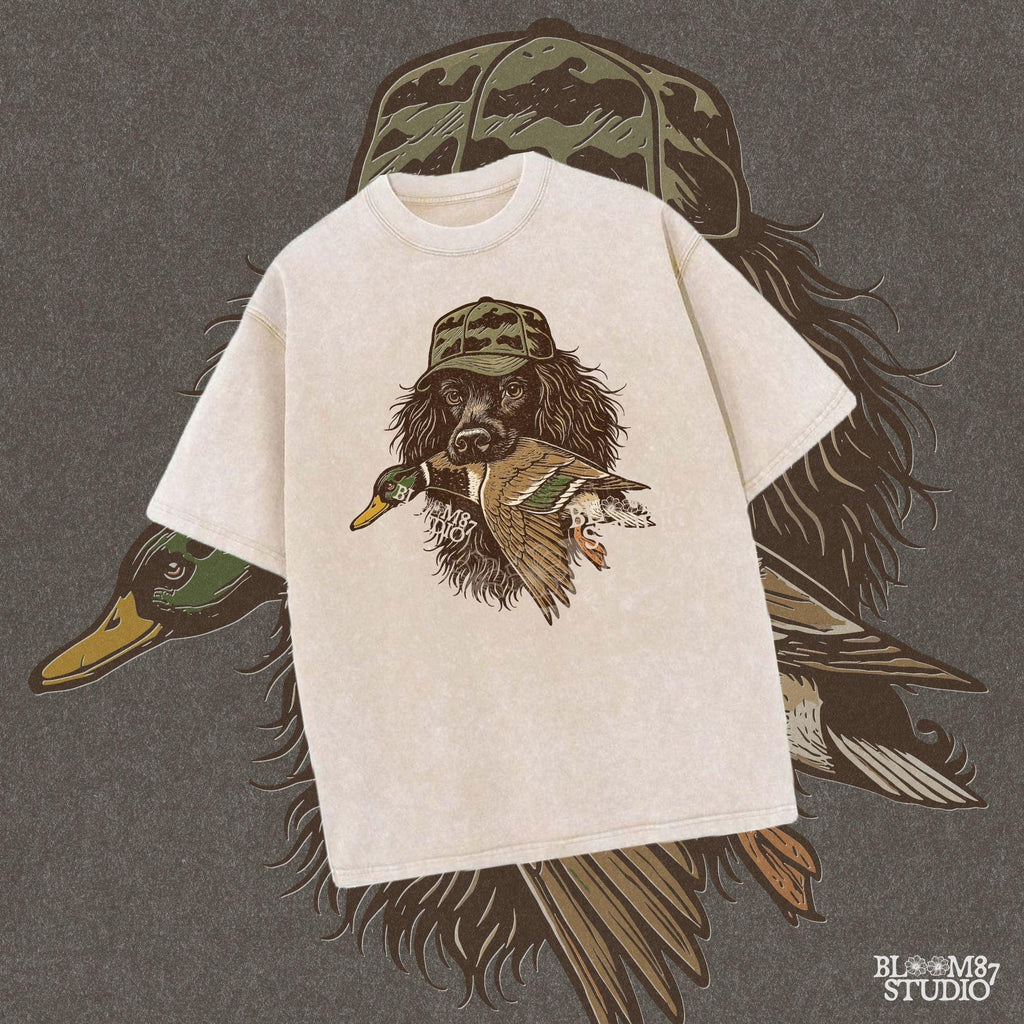 Realistic retriever dog wearing a camo hat and holding a mallard duck in its mouth, detailed illustration in earthy tones.