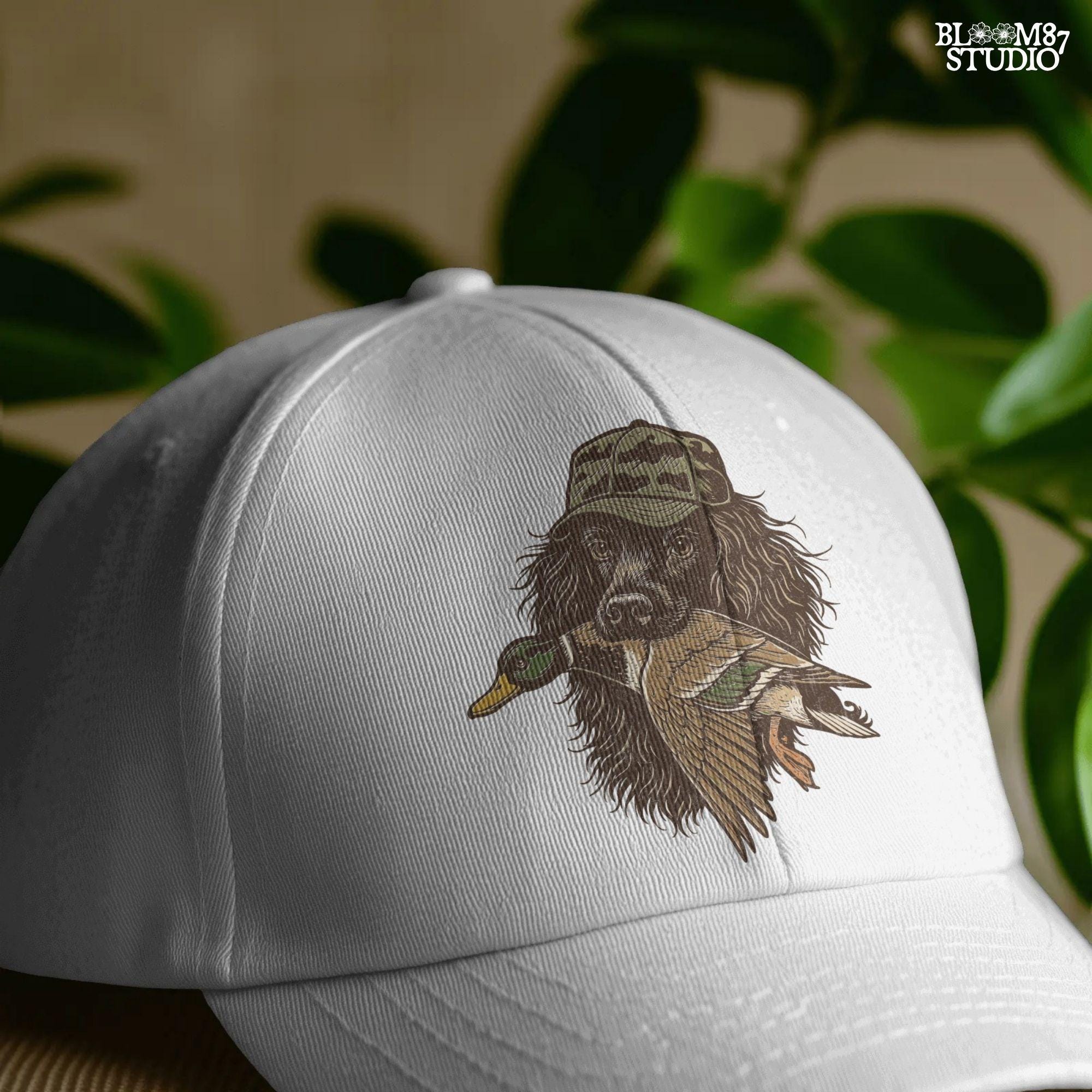 Realistic retriever dog wearing a camo hat and holding a mallard duck in its mouth, detailed illustration in earthy tones.