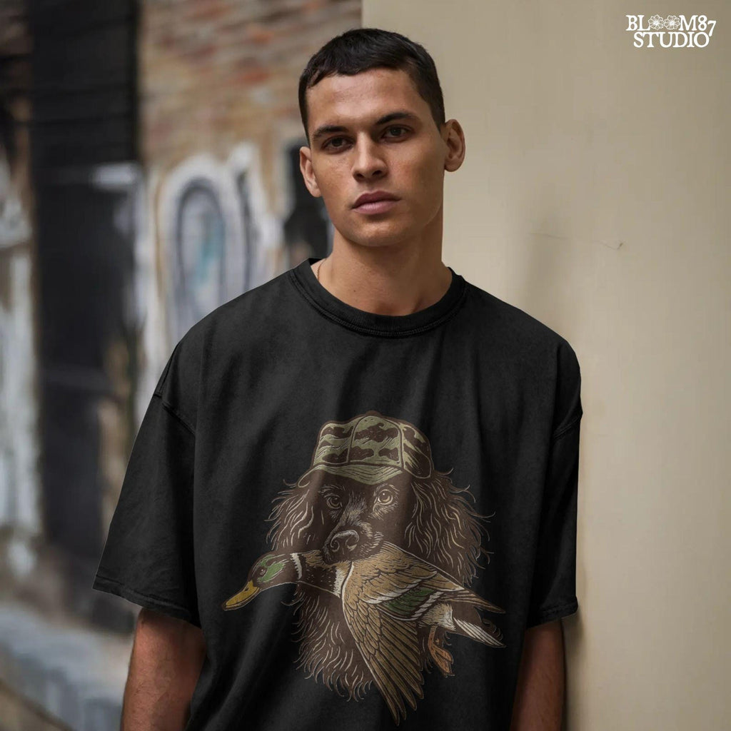 Realistic retriever dog wearing a camo hat and holding a mallard duck in its mouth, detailed illustration in earthy tones.