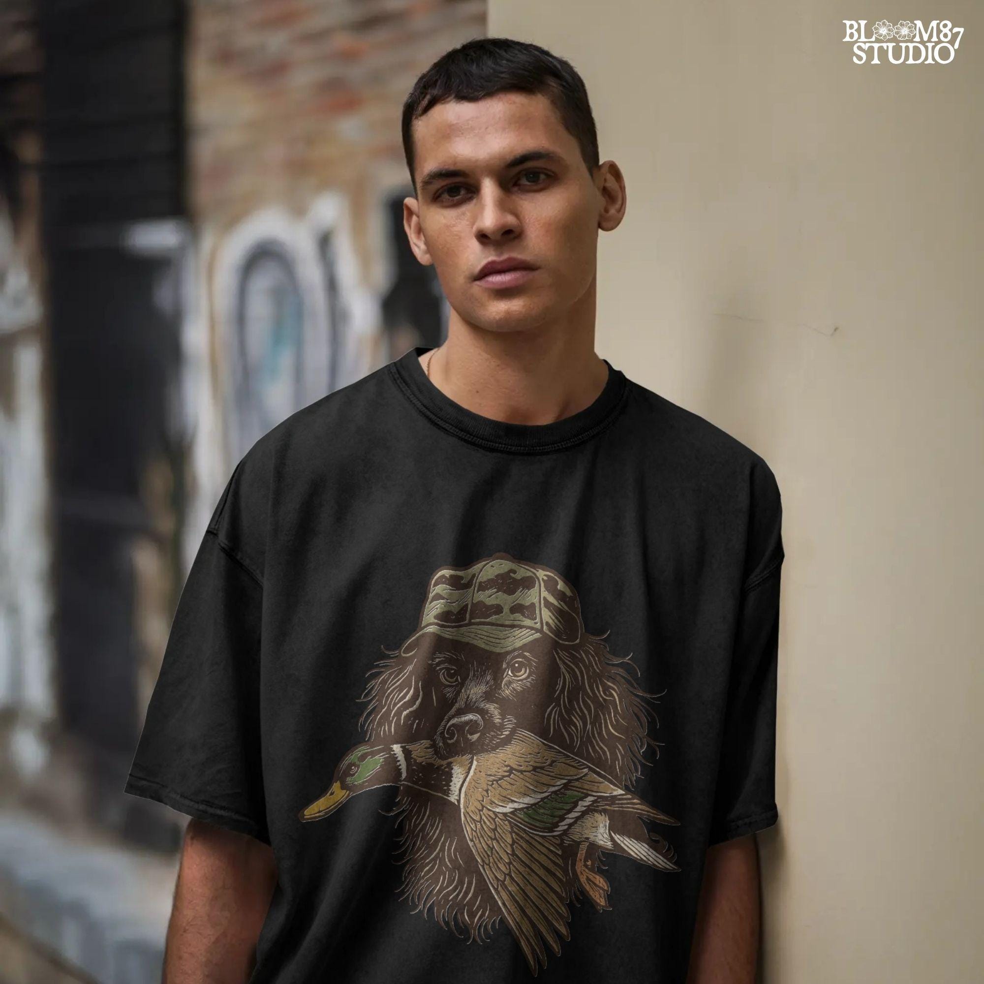 Realistic retriever dog wearing a camo hat and holding a mallard duck in its mouth, detailed illustration in earthy tones.