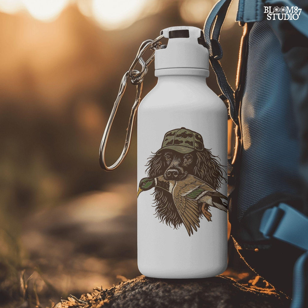 Realistic retriever dog wearing a camo hat and holding a mallard duck in its mouth, detailed illustration in earthy tones.