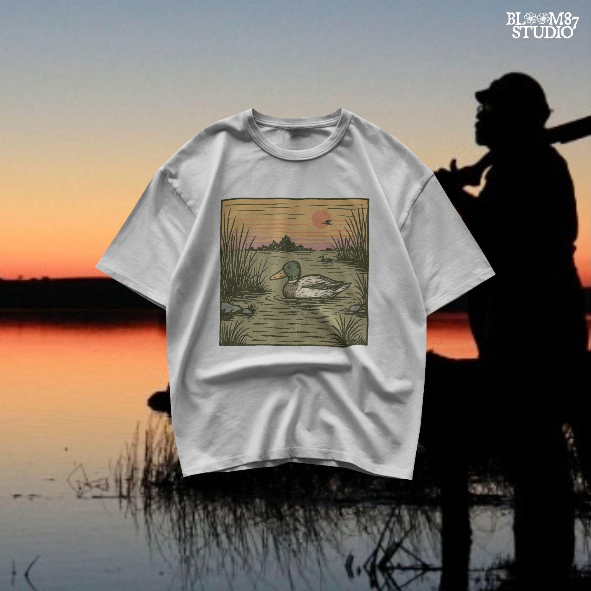 Illustration of a mallard duck swimming in a quiet pond at sunset, surrounded by reeds and a peaceful landscape in warm fall tones.