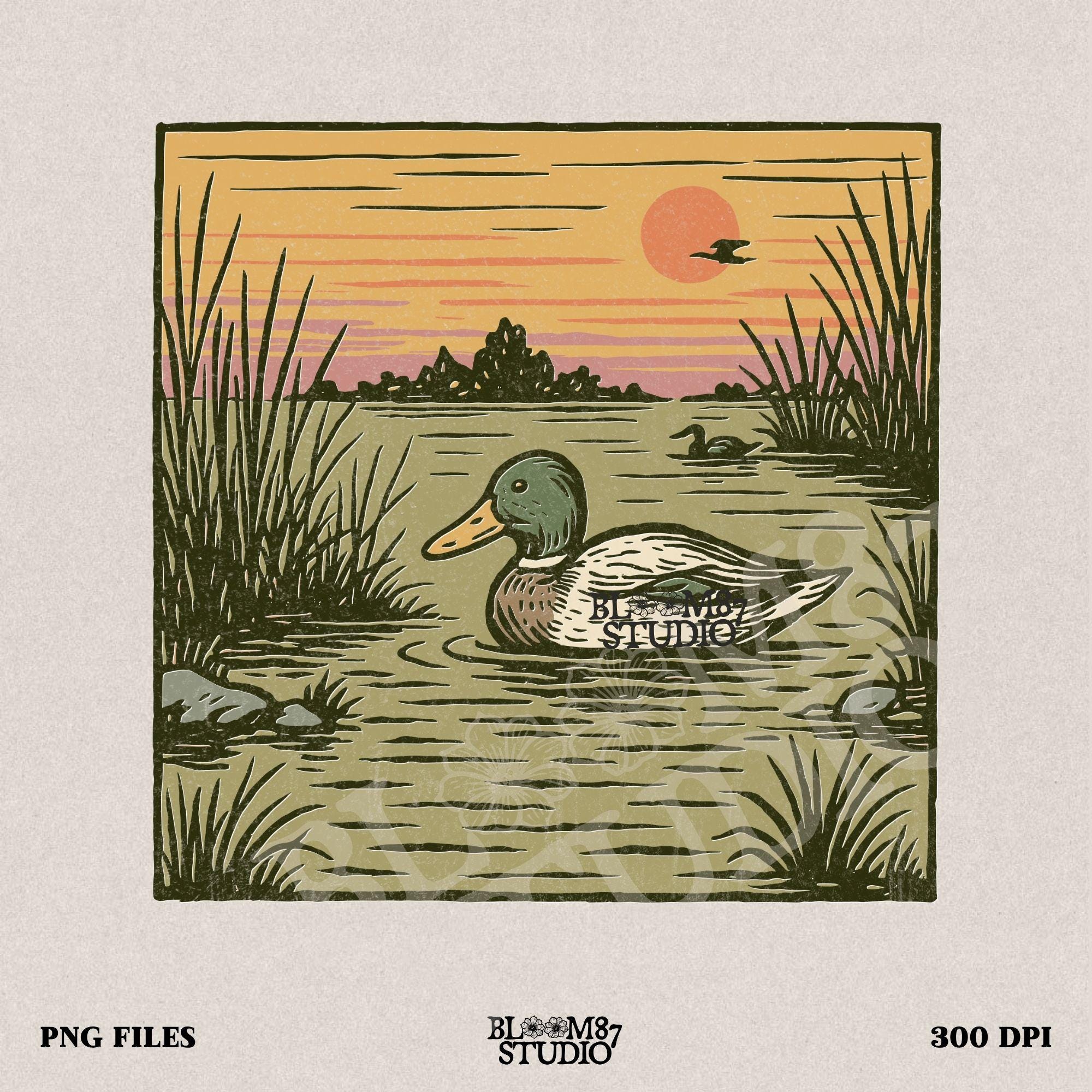 Illustration of a mallard duck swimming in a quiet pond at sunset, surrounded by reeds and a peaceful landscape in warm fall tones.