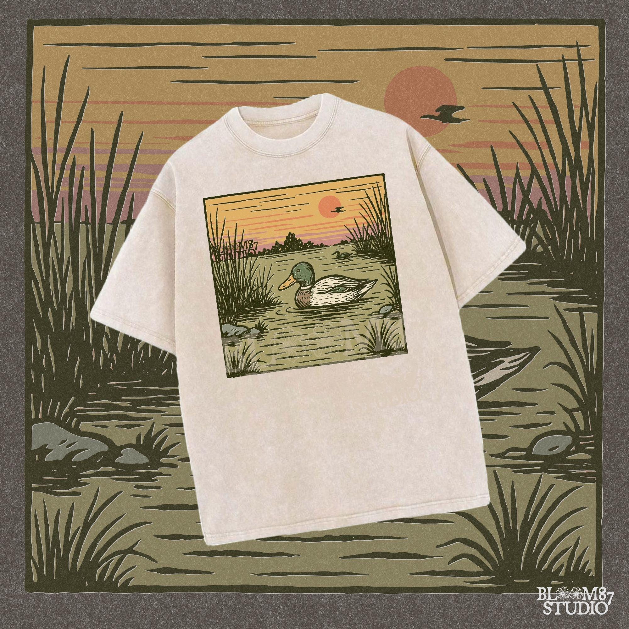 Illustration of a mallard duck swimming in a quiet pond at sunset, surrounded by reeds and a peaceful landscape in warm fall tones.