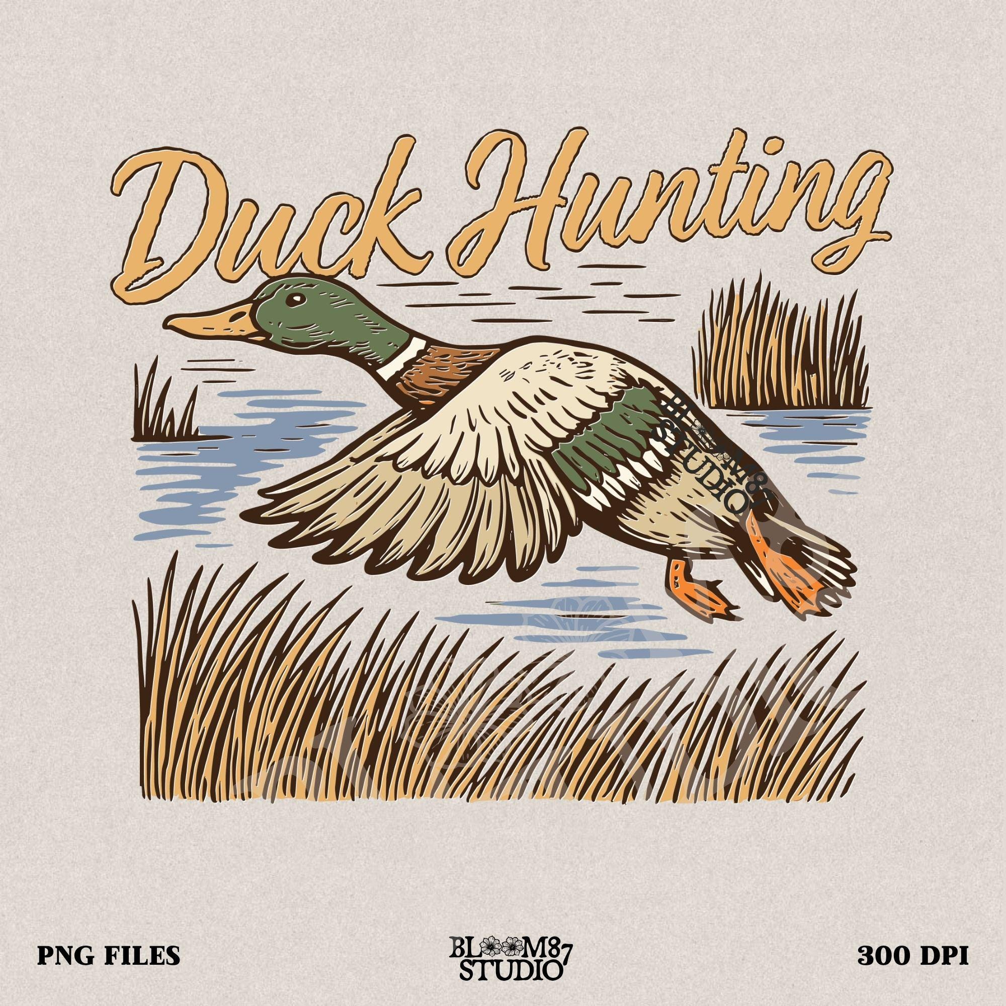 Vintage woodcut-style illustration of a mallard duck flying over marshy water with tall reeds and “Duck Hunting” text in bold script.