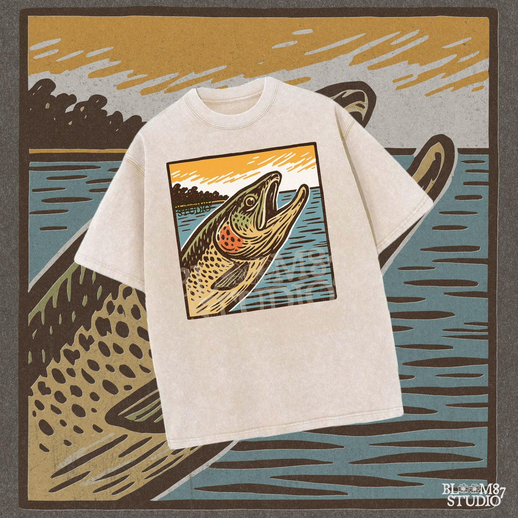 Vintage woodcut-style illustration of a trout fish leaping from the water at sunset, with a bold orange sky and retro color palette.
