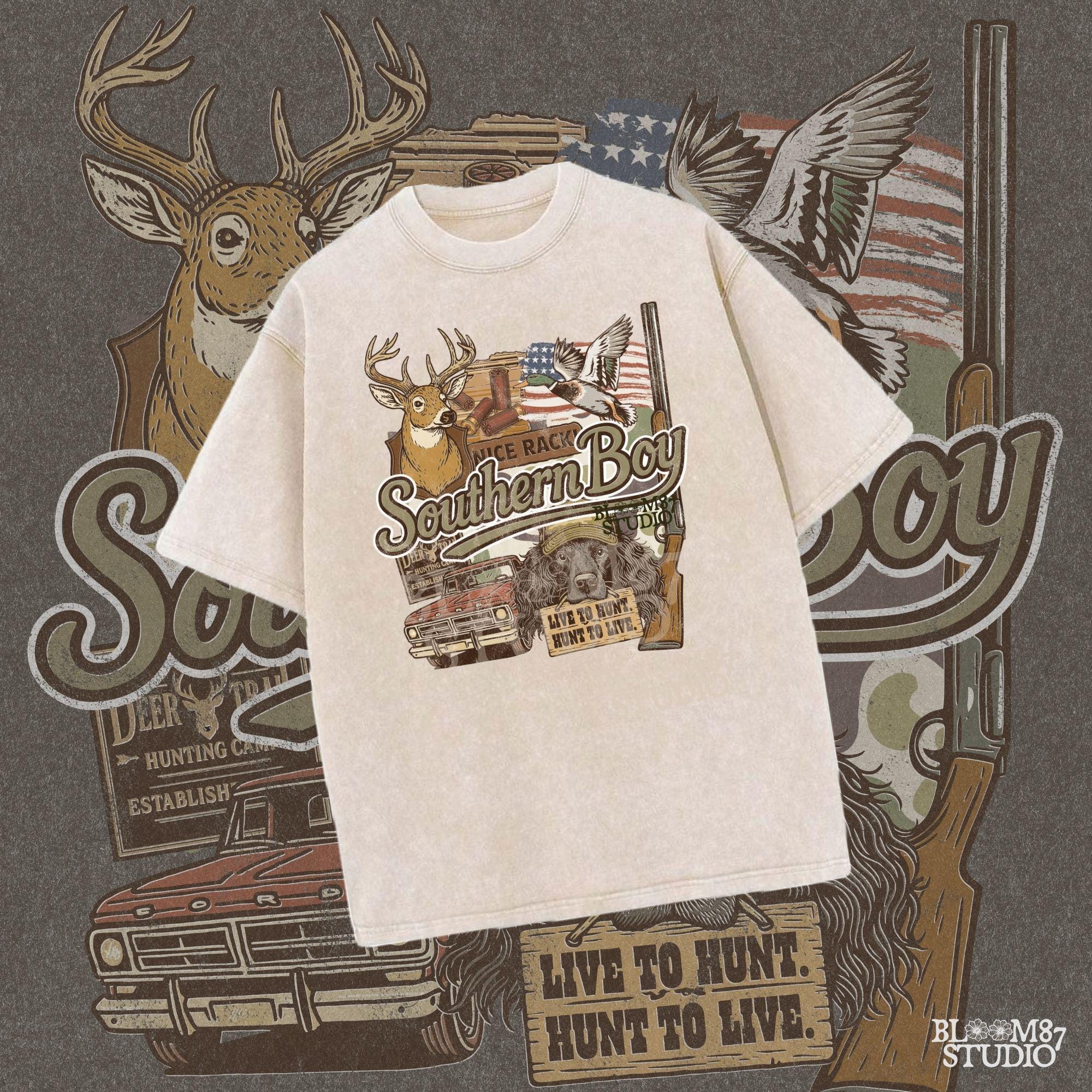 Collage-style design with deer, duck, hunting dog, vintage truck, shotgun, and camo background with the phrase “Southern Boy” in bold script.