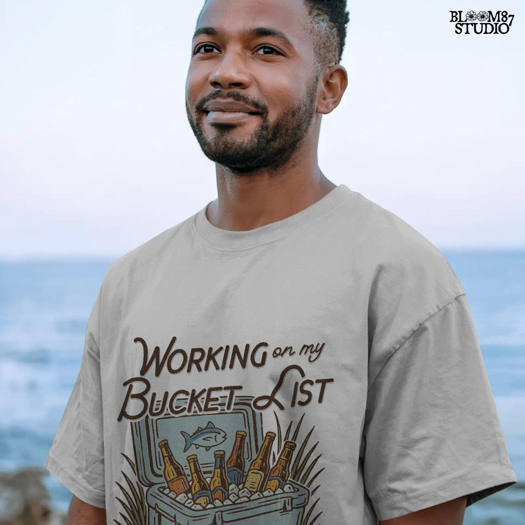 Vintage-style PNG illustration of a cooler filled with beer bottles and ice, with text reading “Working on My Bucket List.”