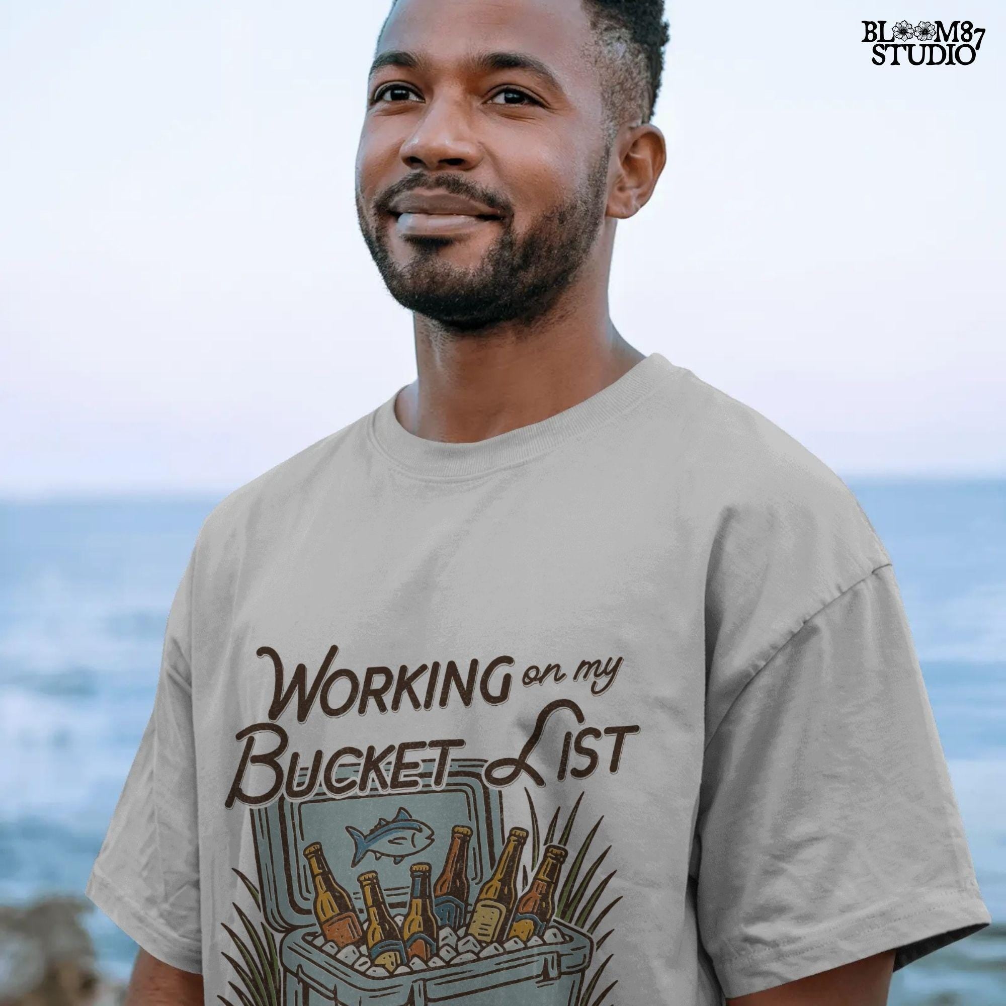 Vintage-style PNG illustration of a cooler filled with beer bottles and ice, with text reading “Working on My Bucket List.”
