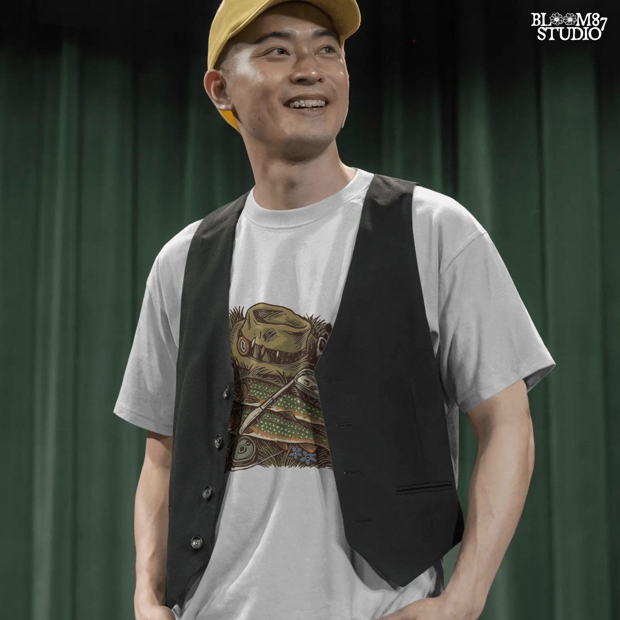 Vintage fly fishing illustration showing two trout, a fly rod, fisherman’s hat, and fly box on grassy ground with wildflowers.