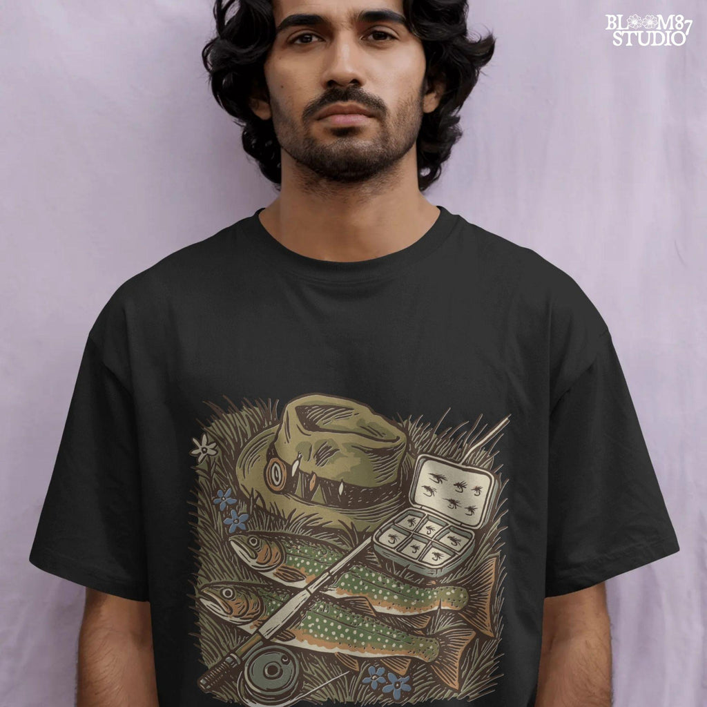 Vintage fly fishing illustration showing two trout, a fly rod, fisherman’s hat, and fly box on grassy ground with wildflowers.