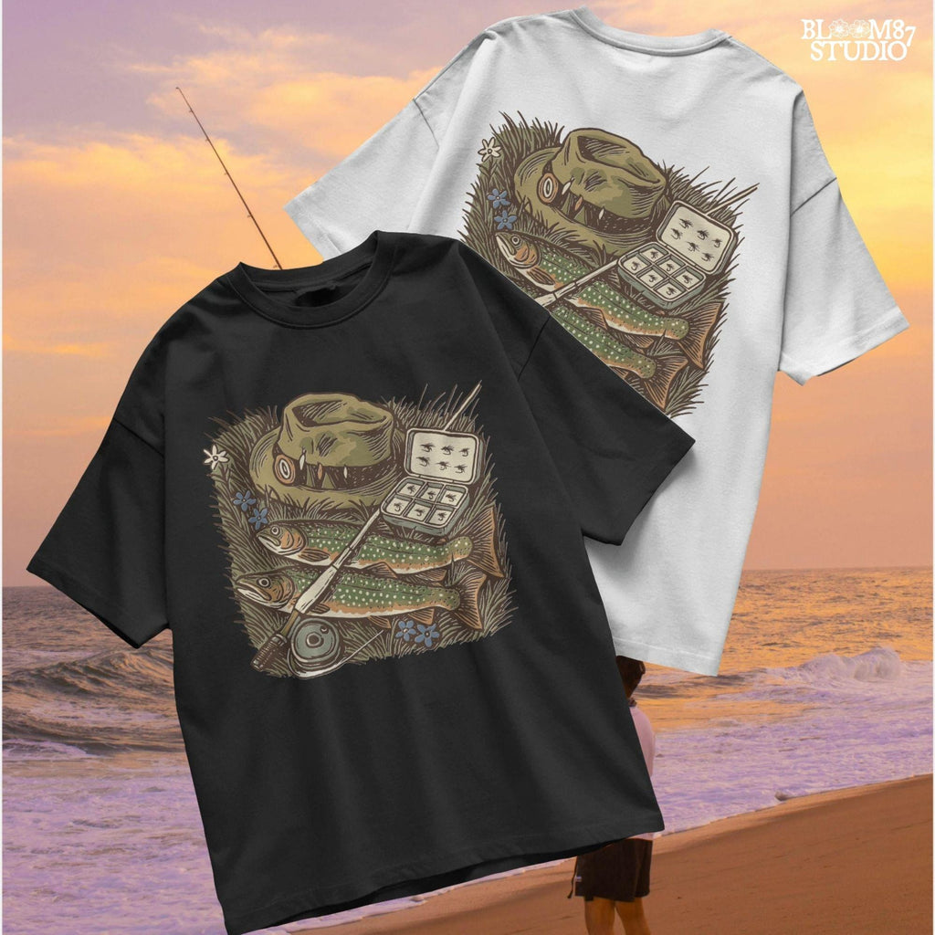 Vintage fly fishing illustration showing two trout, a fly rod, fisherman’s hat, and fly box on grassy ground with wildflowers.