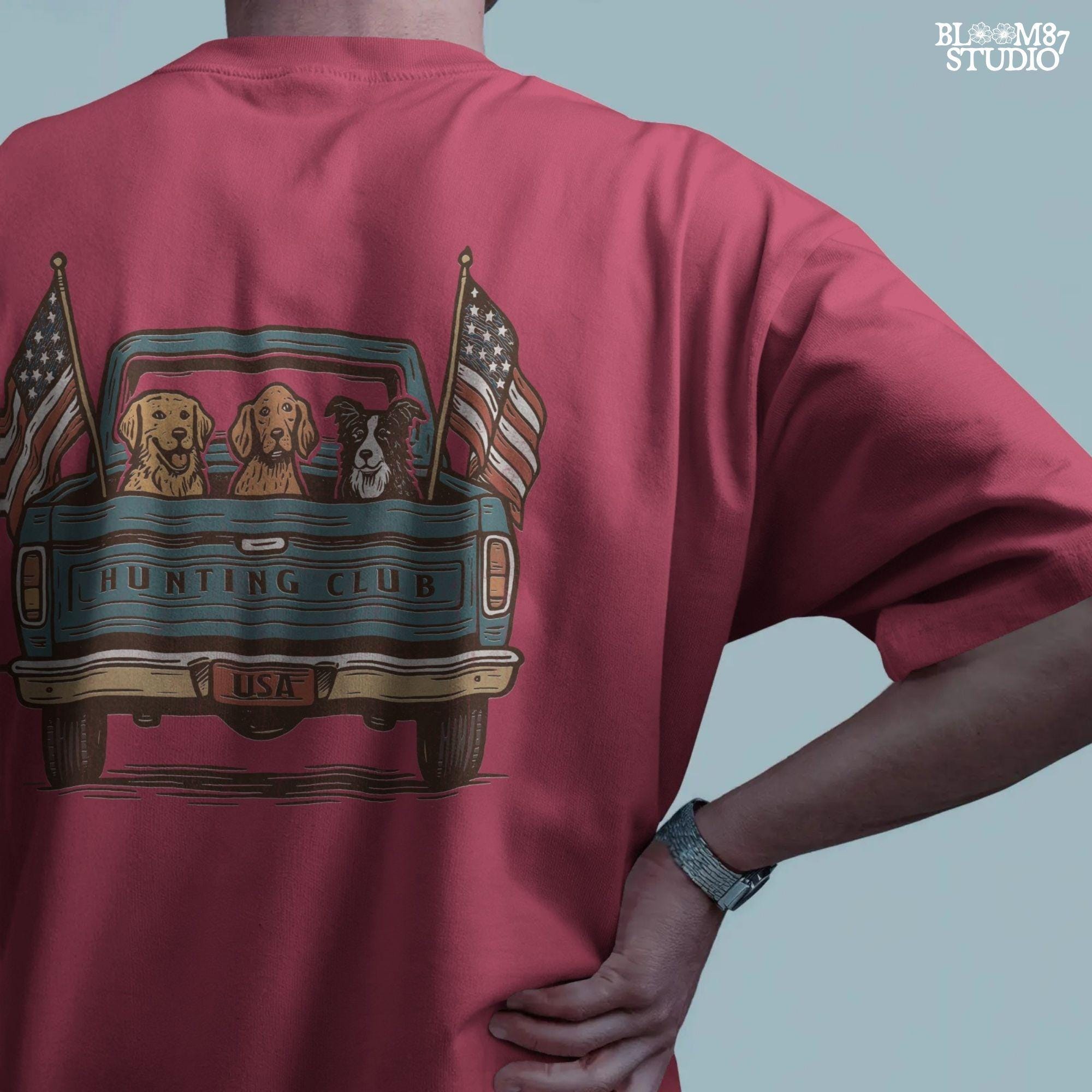 Three hunting dogs in the back of a blue vintage pickup truck with USA flags and “Hunting Club” text, patriotic hunting design for dog lovers.