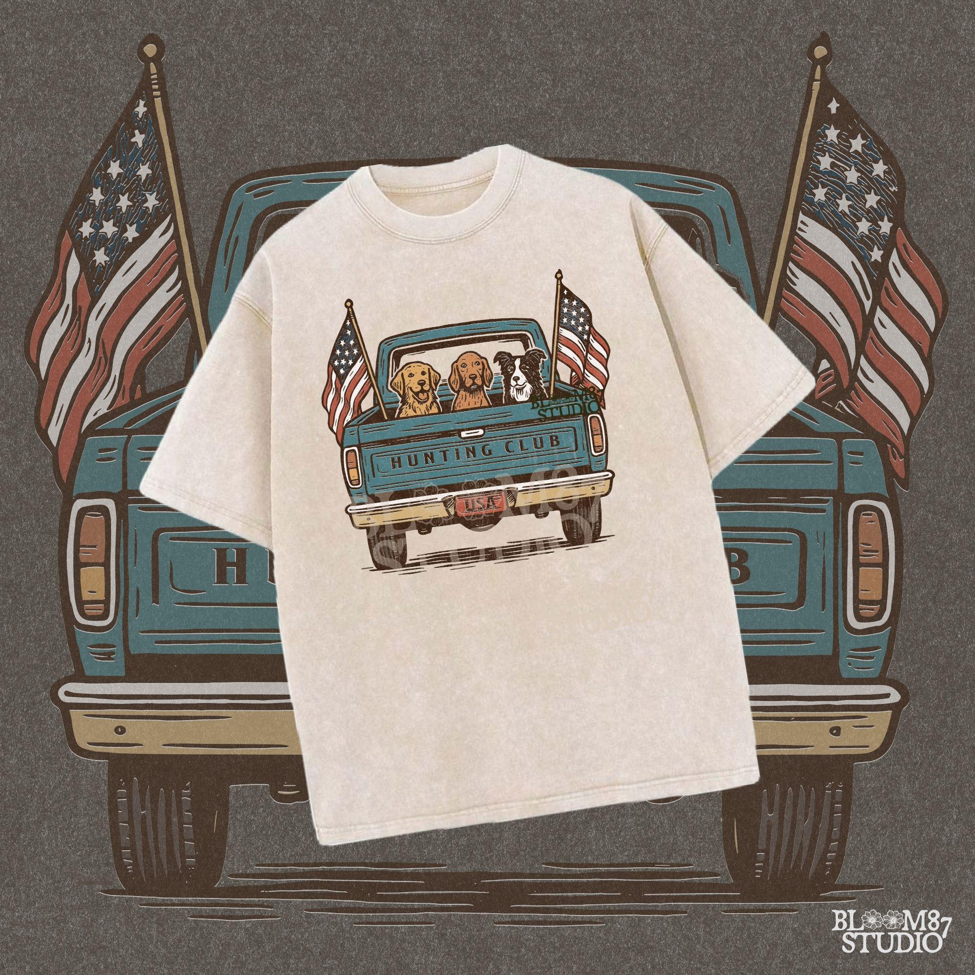 Three hunting dogs in the back of a blue vintage pickup truck with USA flags and “Hunting Club” text, patriotic hunting design for dog lovers.