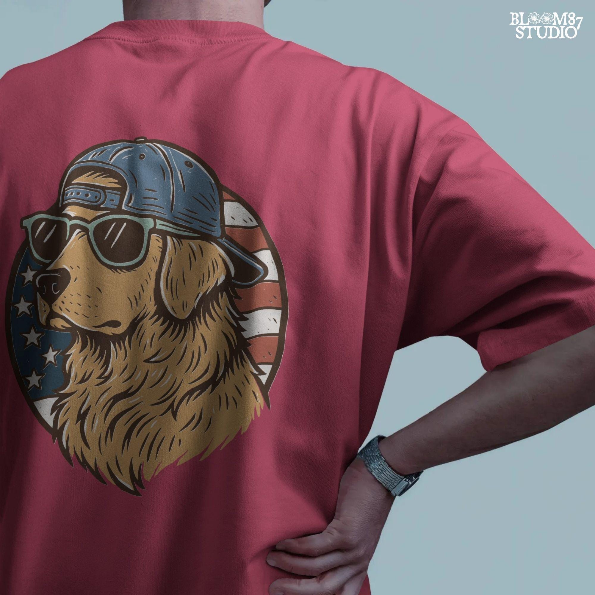 Cool golden retriever wearing sunglasses and a backwards cap in front of a circular American flag background.