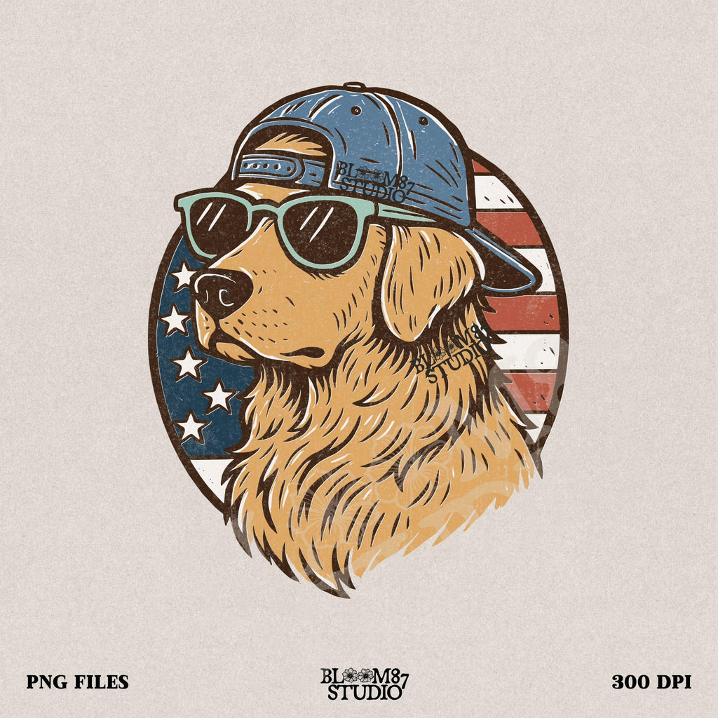 Cool golden retriever wearing sunglasses and a backwards cap in front of a circular American flag background.