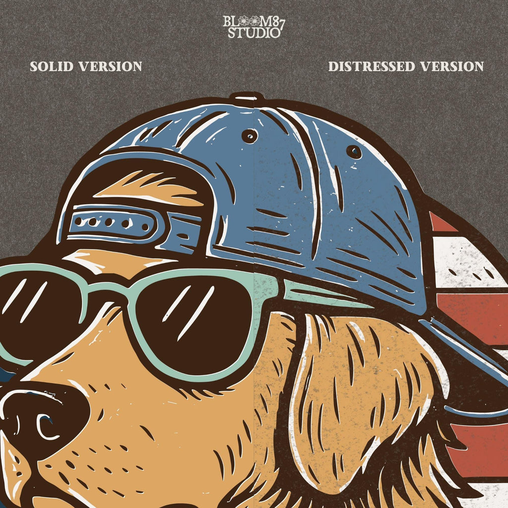 Cool golden retriever wearing sunglasses and a backwards cap in front of a circular American flag background.