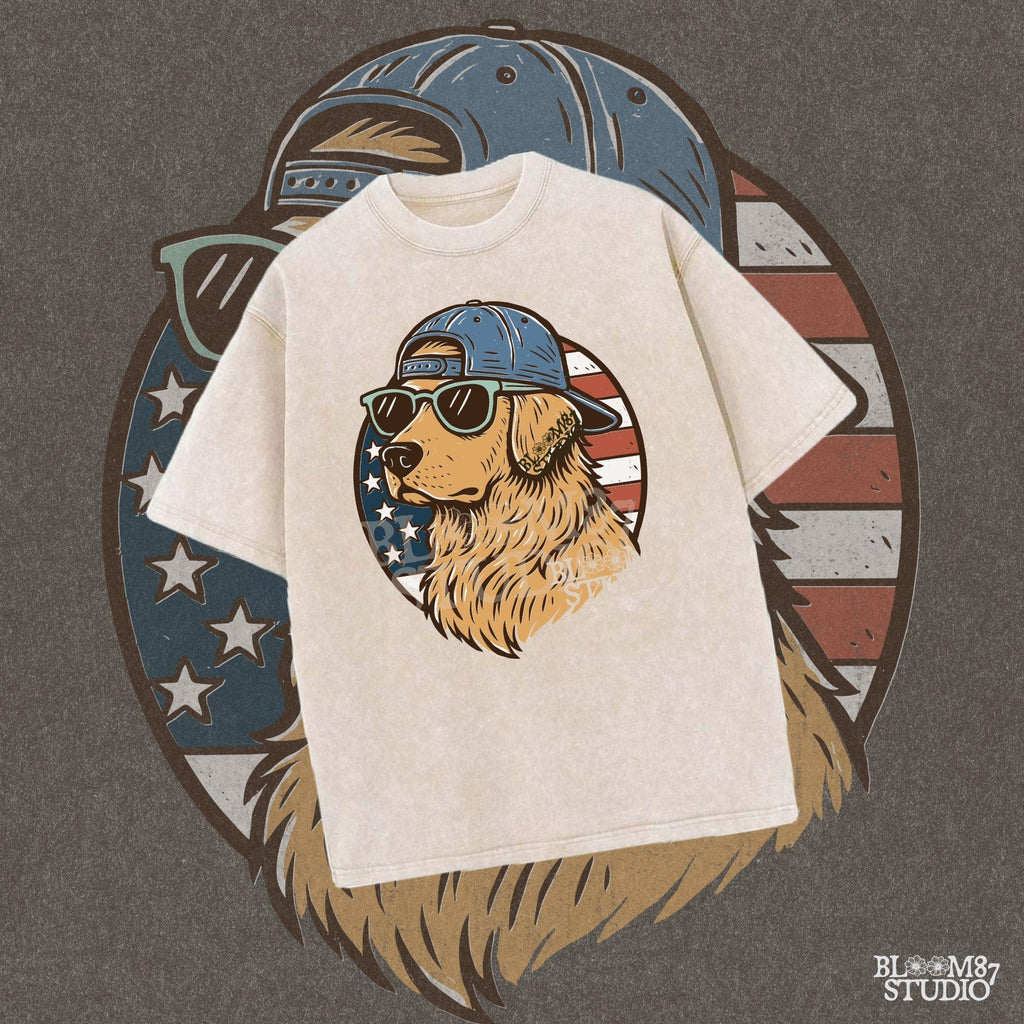 Cool golden retriever wearing sunglasses and a backwards cap in front of a circular American flag background.