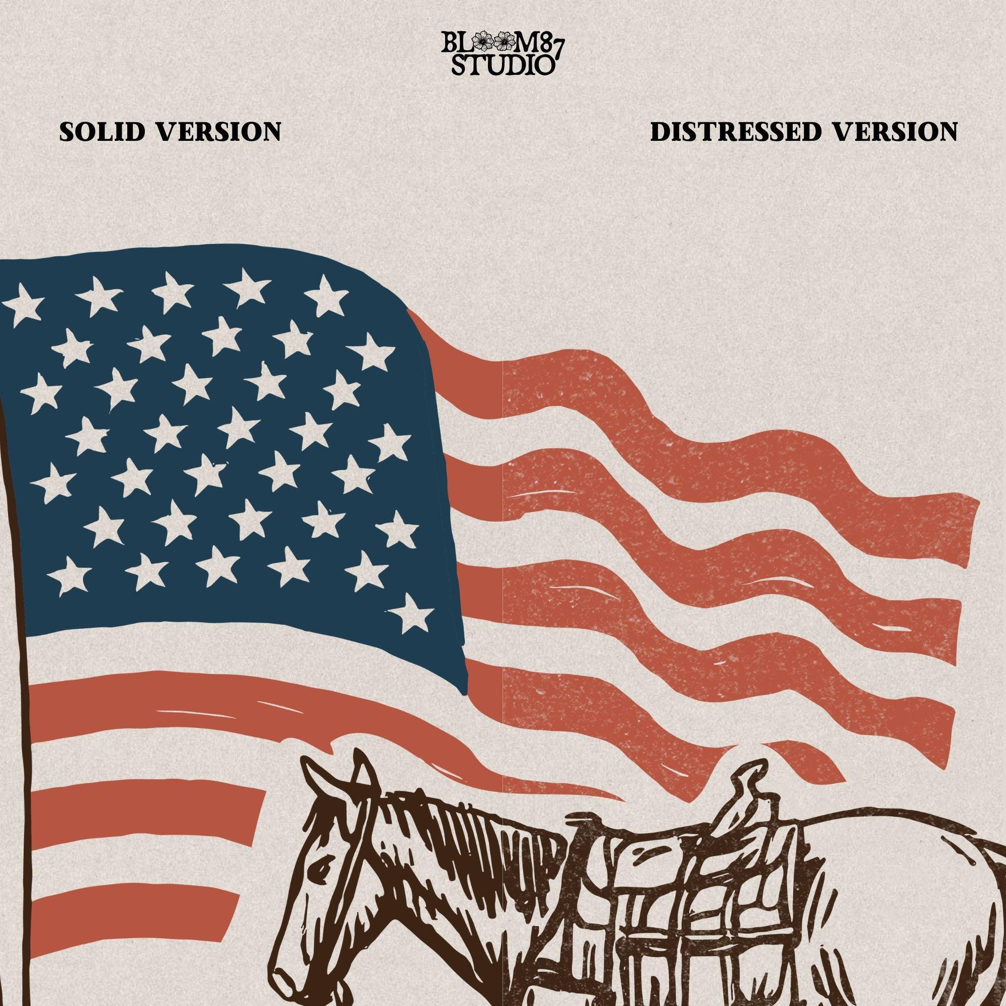 Vintage-style illustration of a cowboy sitting beside a saddled horse under a waving American flag.