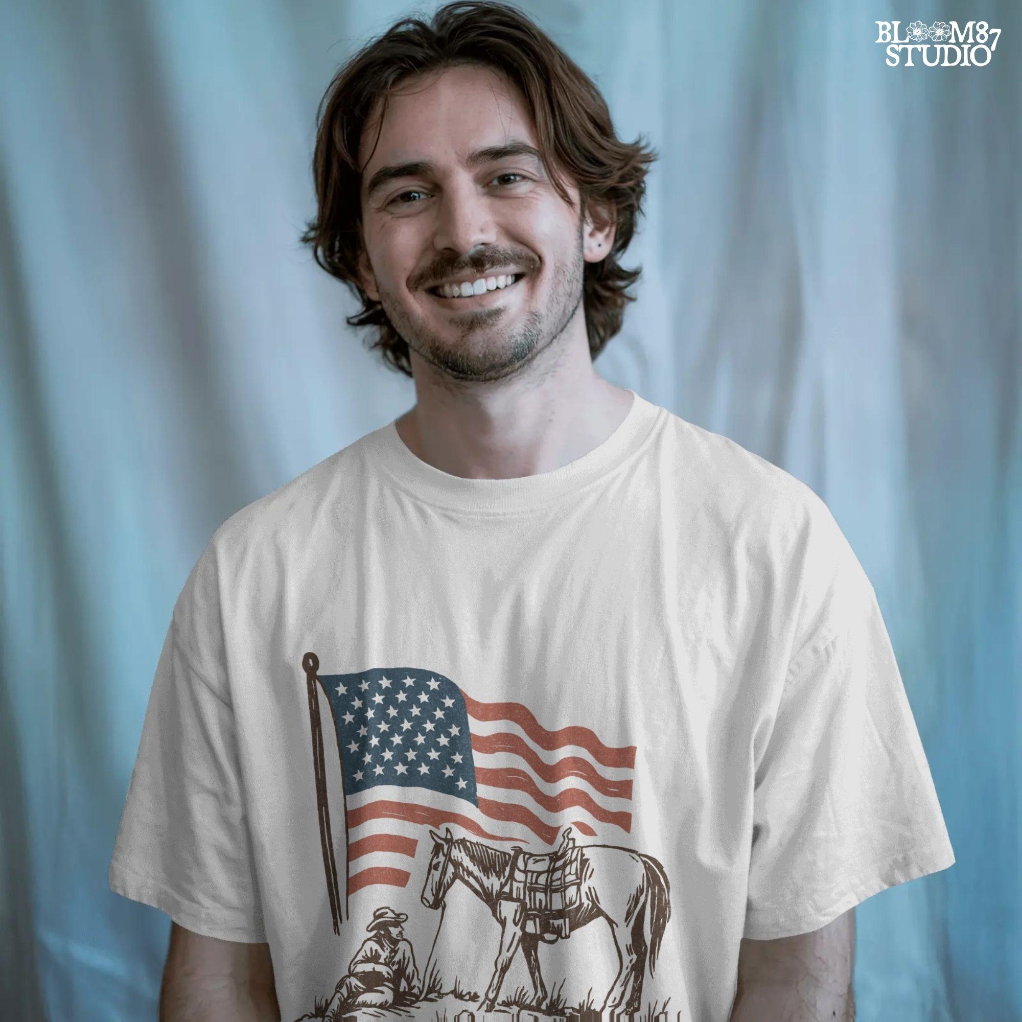 Vintage-style illustration of a cowboy sitting beside a saddled horse under a waving American flag.