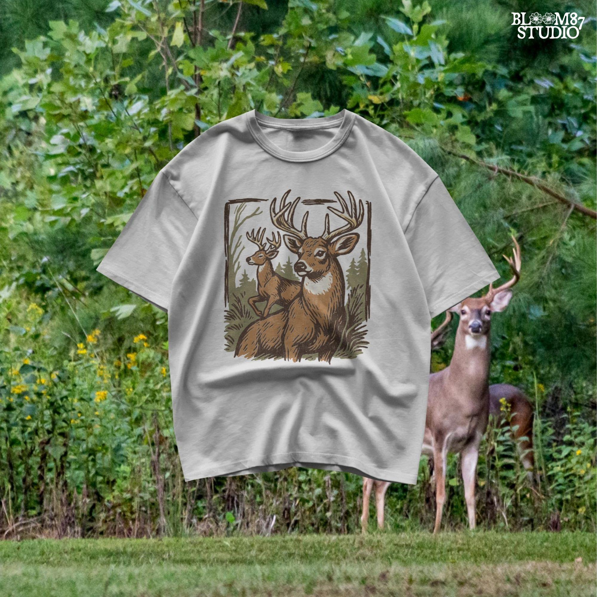 Hand-drawn illustration of two whitetail deer bucks in a forest, one seated and one alert in the background.