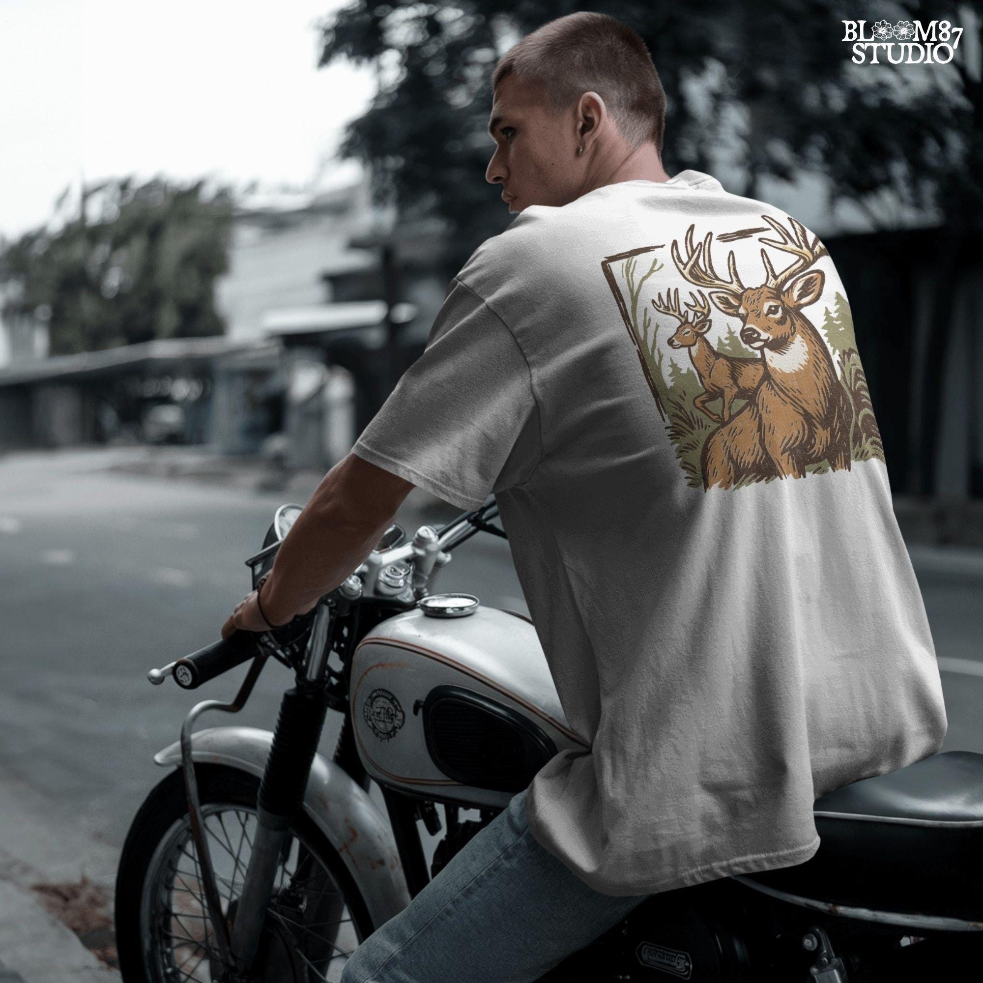 Hand-drawn illustration of two whitetail deer bucks in a forest, one seated and one alert in the background.
