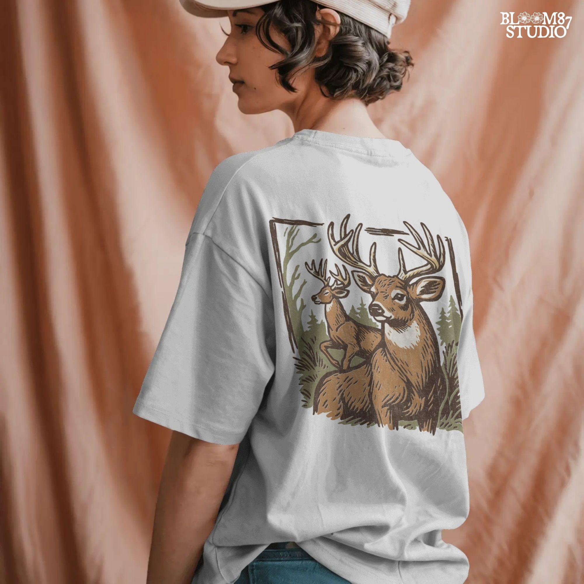 Hand-drawn illustration of two whitetail deer bucks in a forest, one seated and one alert in the background.