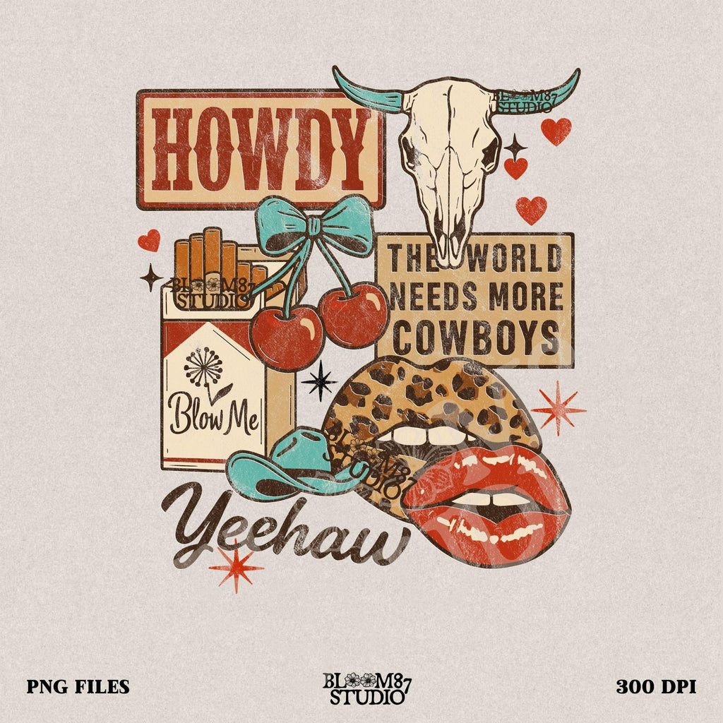Howdy Western Collage PNG, Trendy Cowgirl Sticker Design, Grunge Wild West PNG, Leopard Lips, Skull Cherry Cowboy PNG, Sublimation Png File