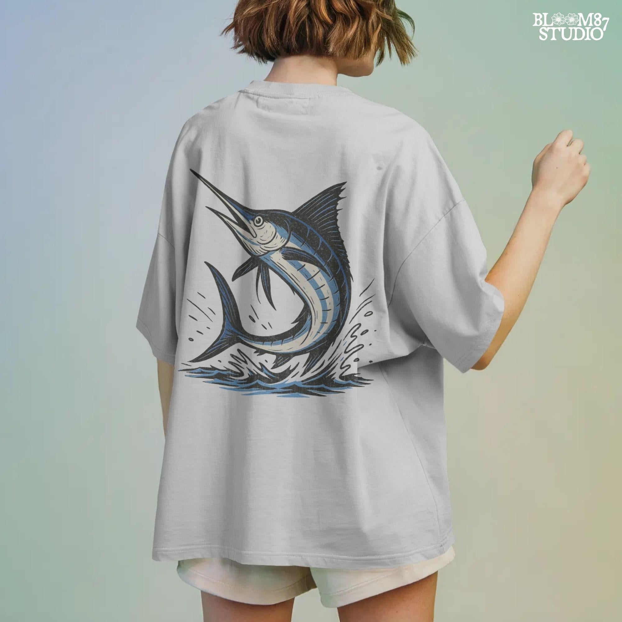 Illustration of a jumping marlin fish in blue and white, splashing out of ocean water in a dynamic pose on transparent background.