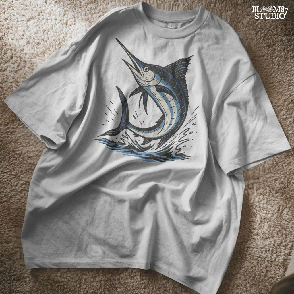 Illustration of a jumping marlin fish in blue and white, splashing out of ocean water in a dynamic pose on transparent background.