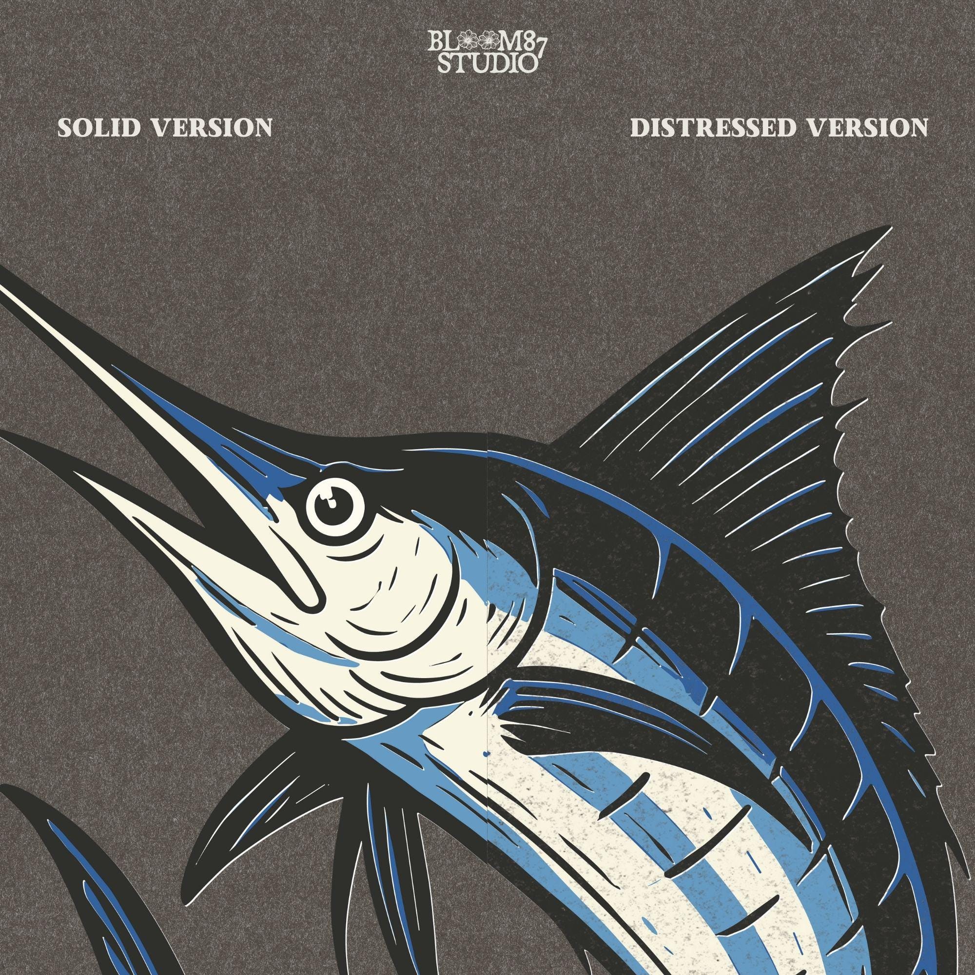 Illustration of a jumping marlin fish in blue and white, splashing out of ocean water in a dynamic pose on transparent background.