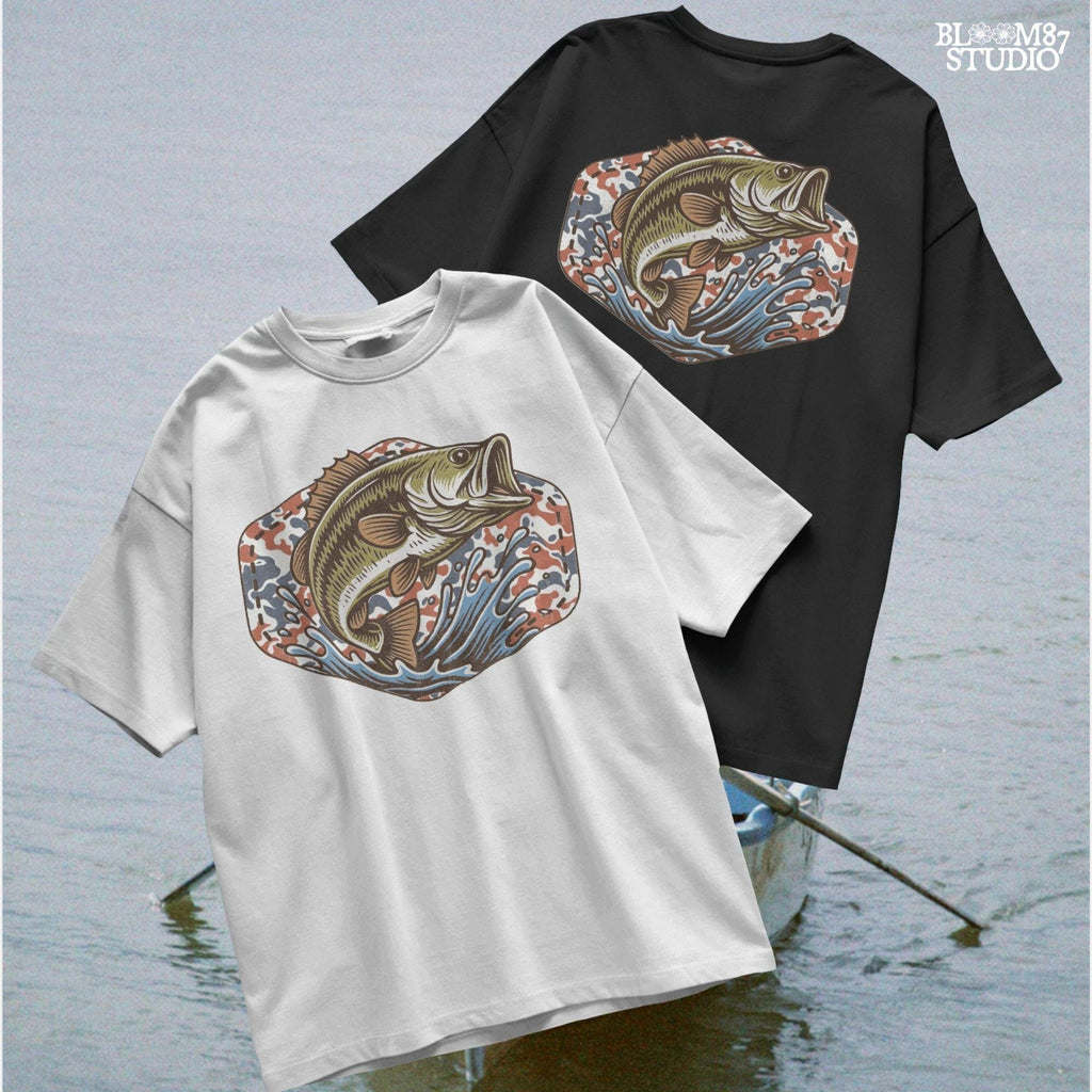 Illustration of a largemouth bass jumping from water with a red white and blue camo background, perfect for fishing-themed patriotic designs