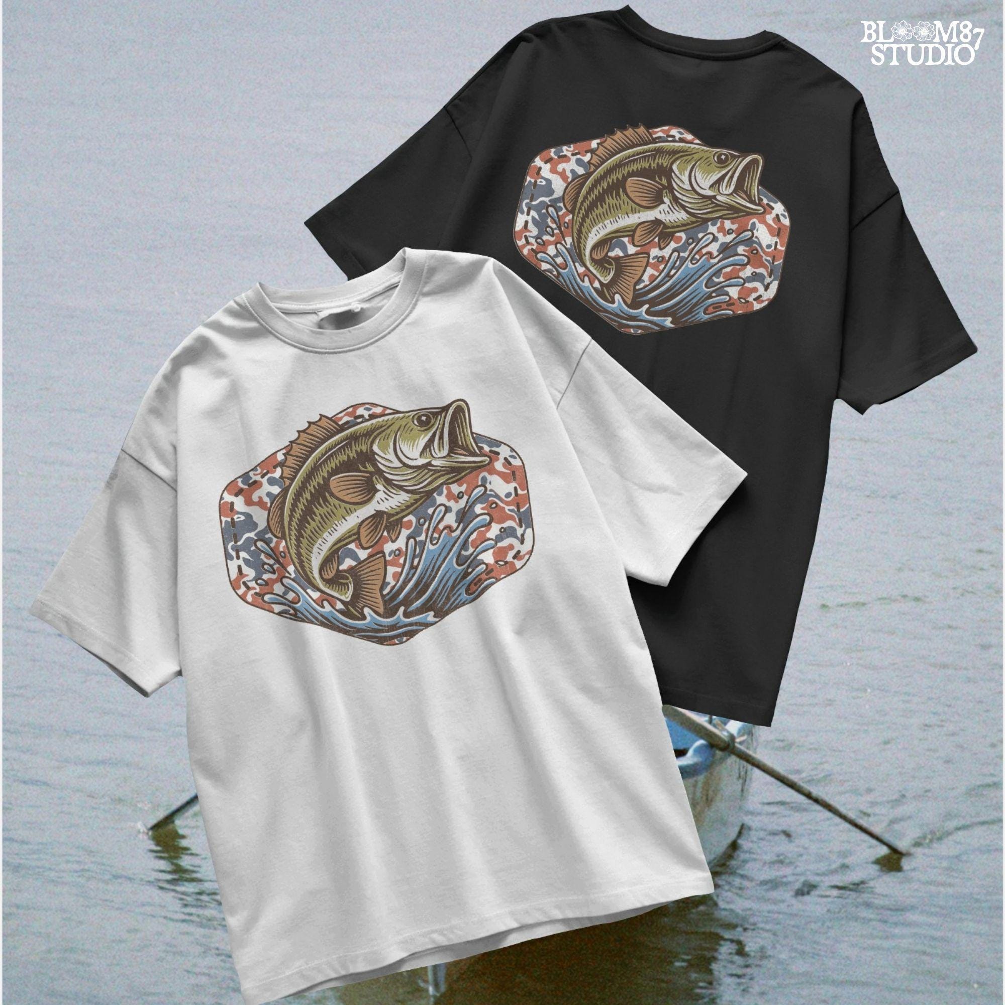 Illustration of a largemouth bass jumping from water with a red white and blue camo background, perfect for fishing-themed patriotic designs