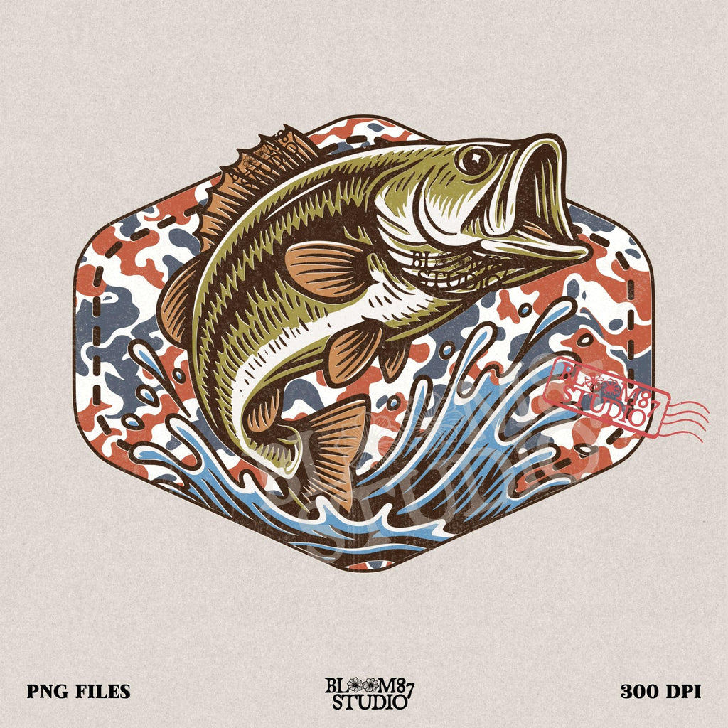 Illustration of a largemouth bass jumping from water with a red white and blue camo background, perfect for fishing-themed patriotic designs