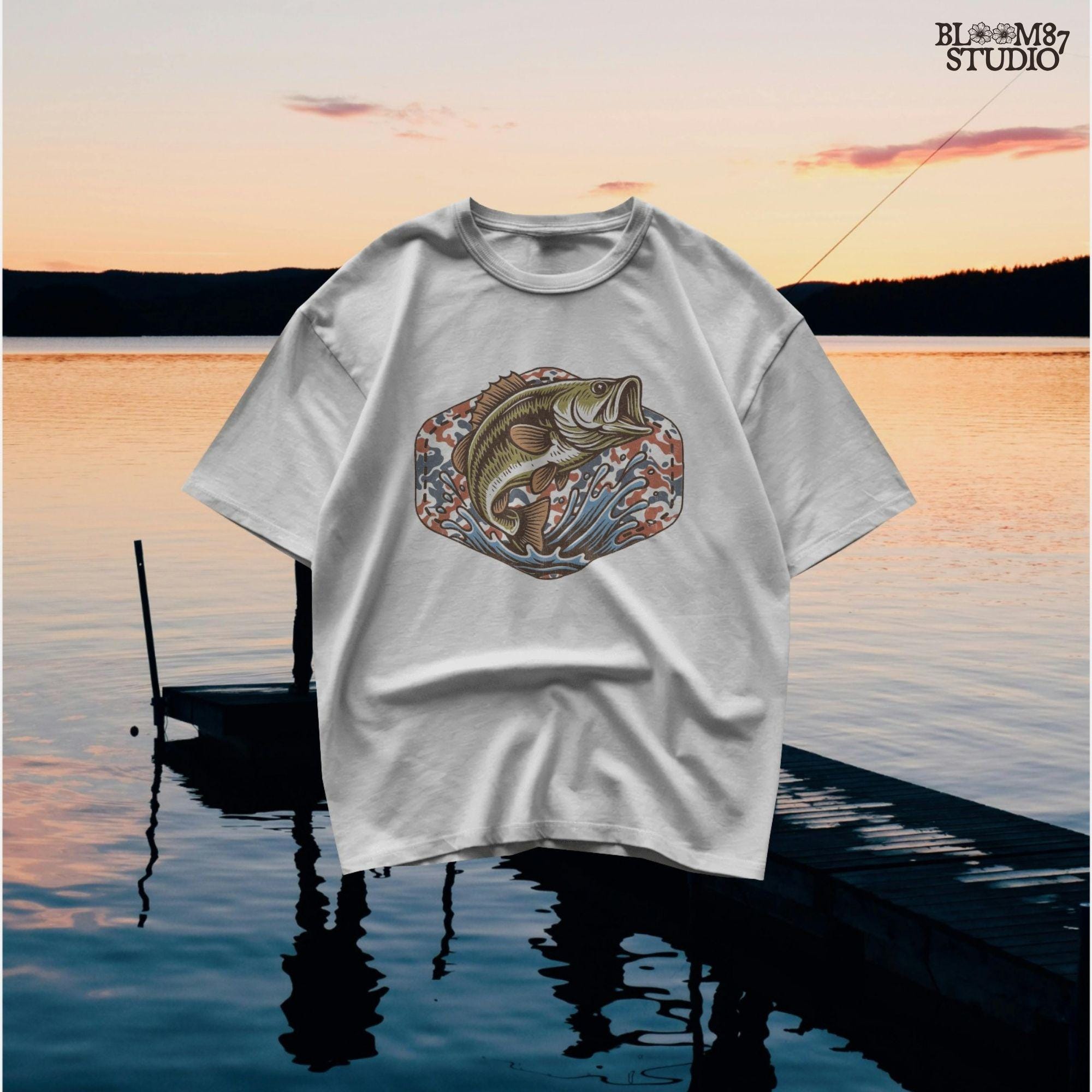 Illustration of a largemouth bass jumping from water with a red white and blue camo background, perfect for fishing-themed patriotic designs