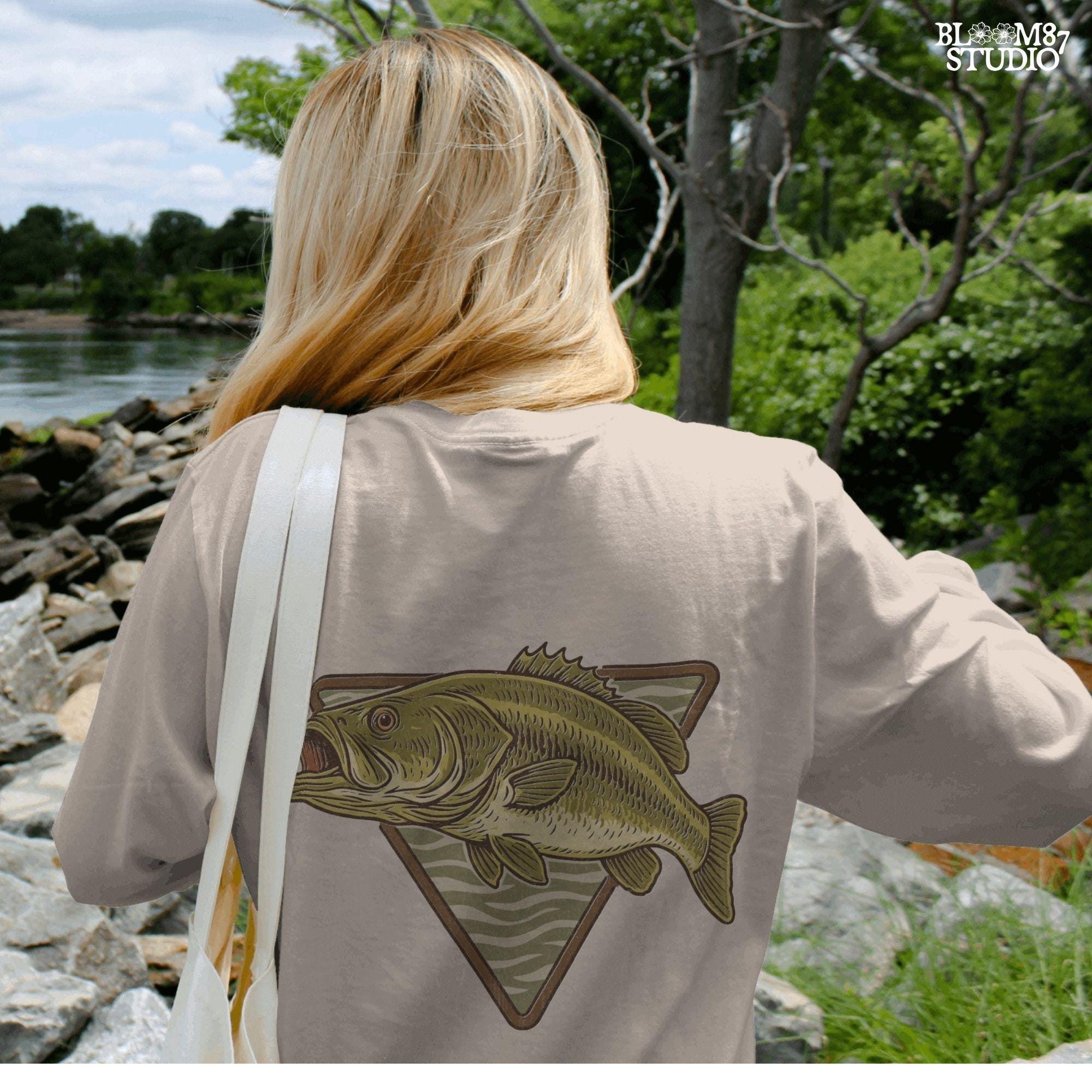 Vintage illustration of a largemouth bass jumping forward over a triangle camo background.