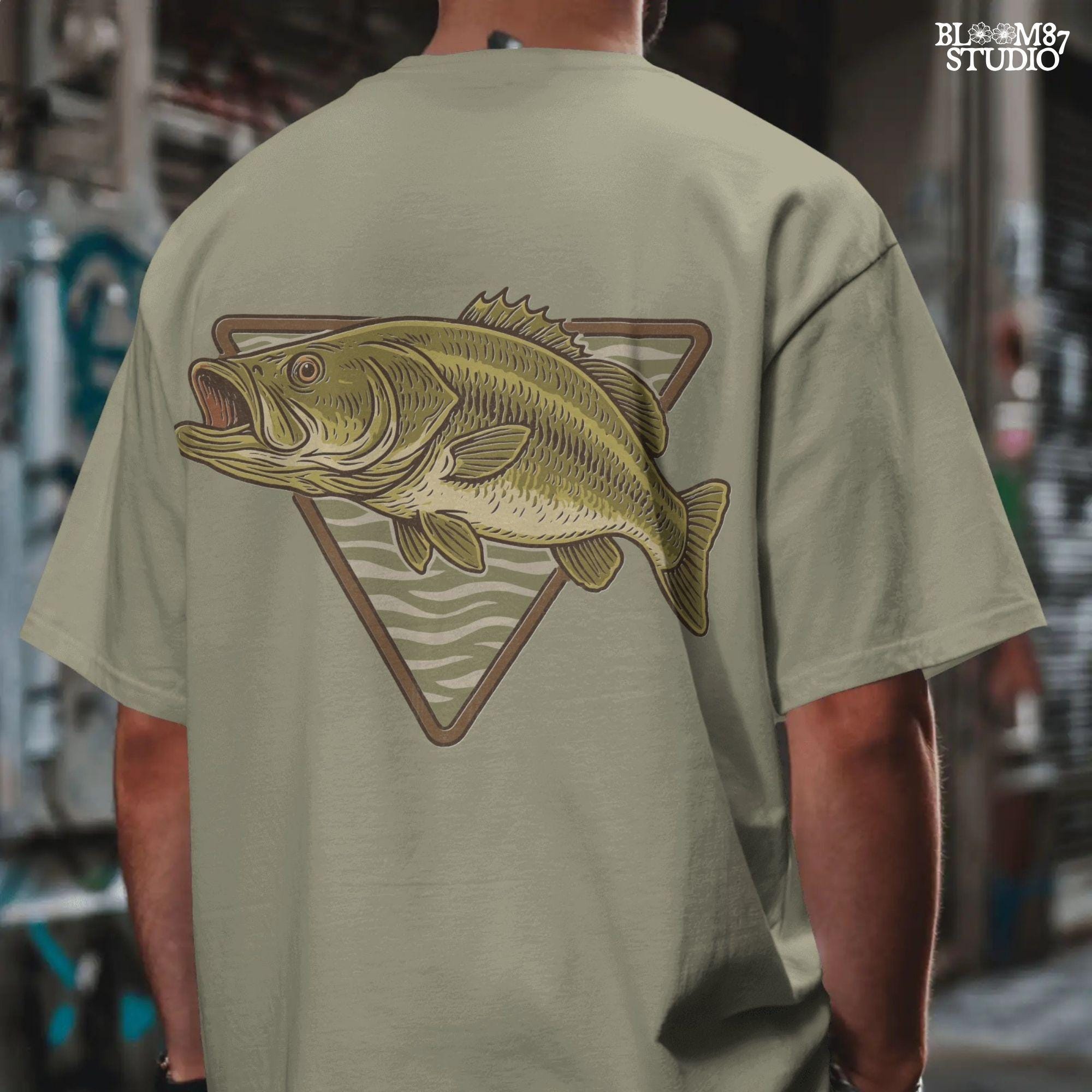 Vintage illustration of a largemouth bass jumping forward over a triangle camo background.
