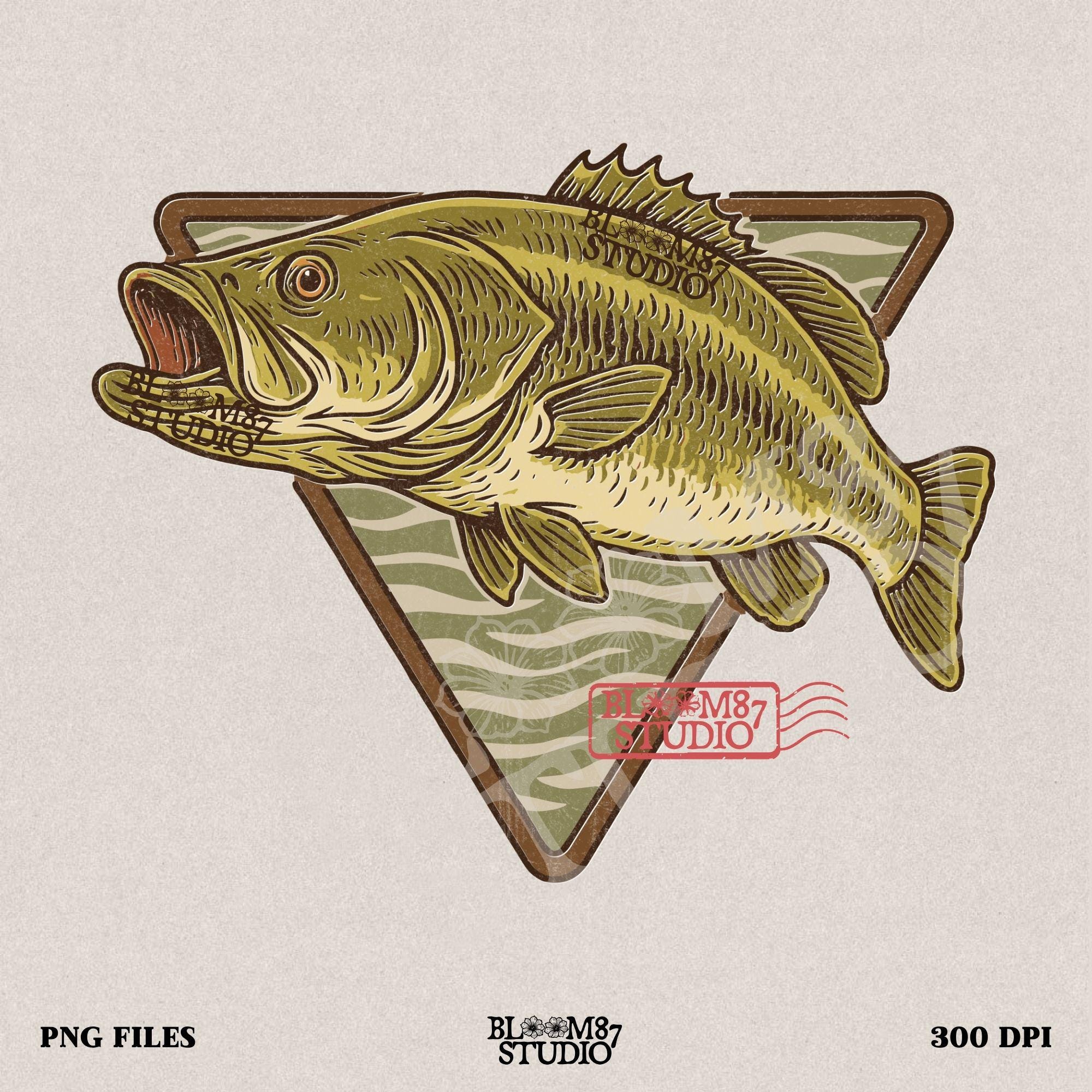 Vintage illustration of a largemouth bass jumping forward over a triangle camo background.