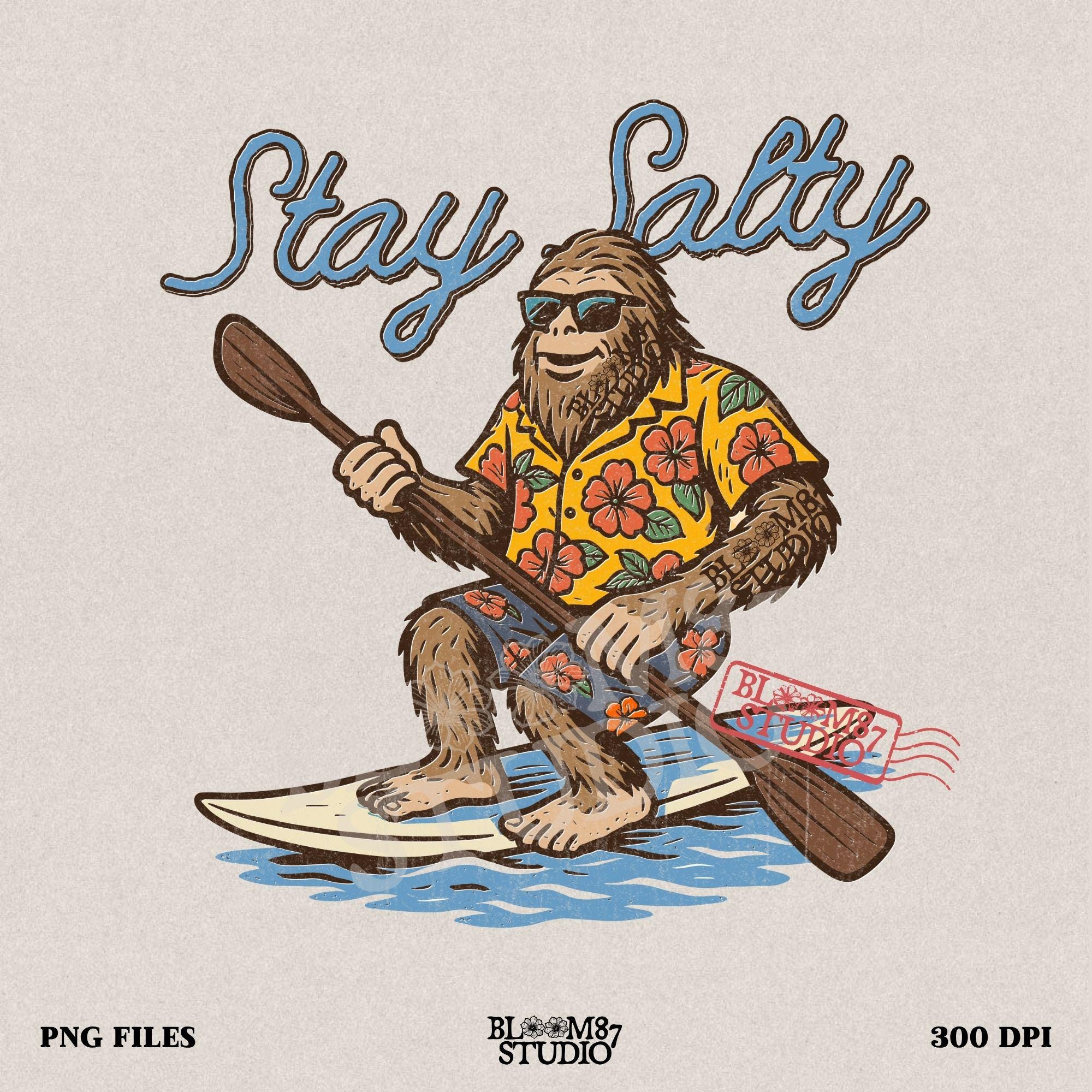 Cartoon Bigfoot wearing a Hawaiian shirt and sunglasses, paddleboarding on a surfboard with text “Stay Salty” – retro beach design PNG for sublimation.
